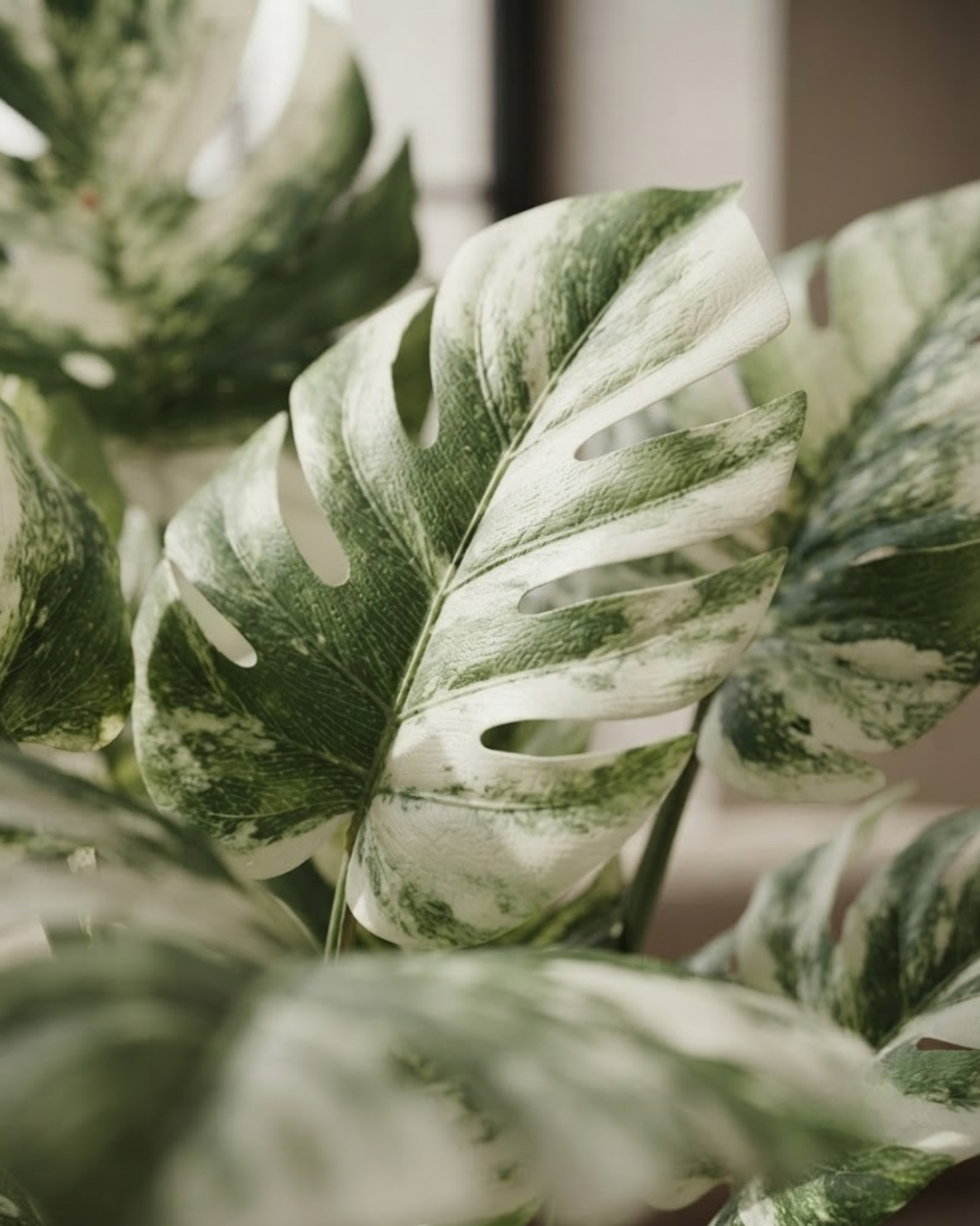 Artificial tropical leaf cluster with green and cream variegation