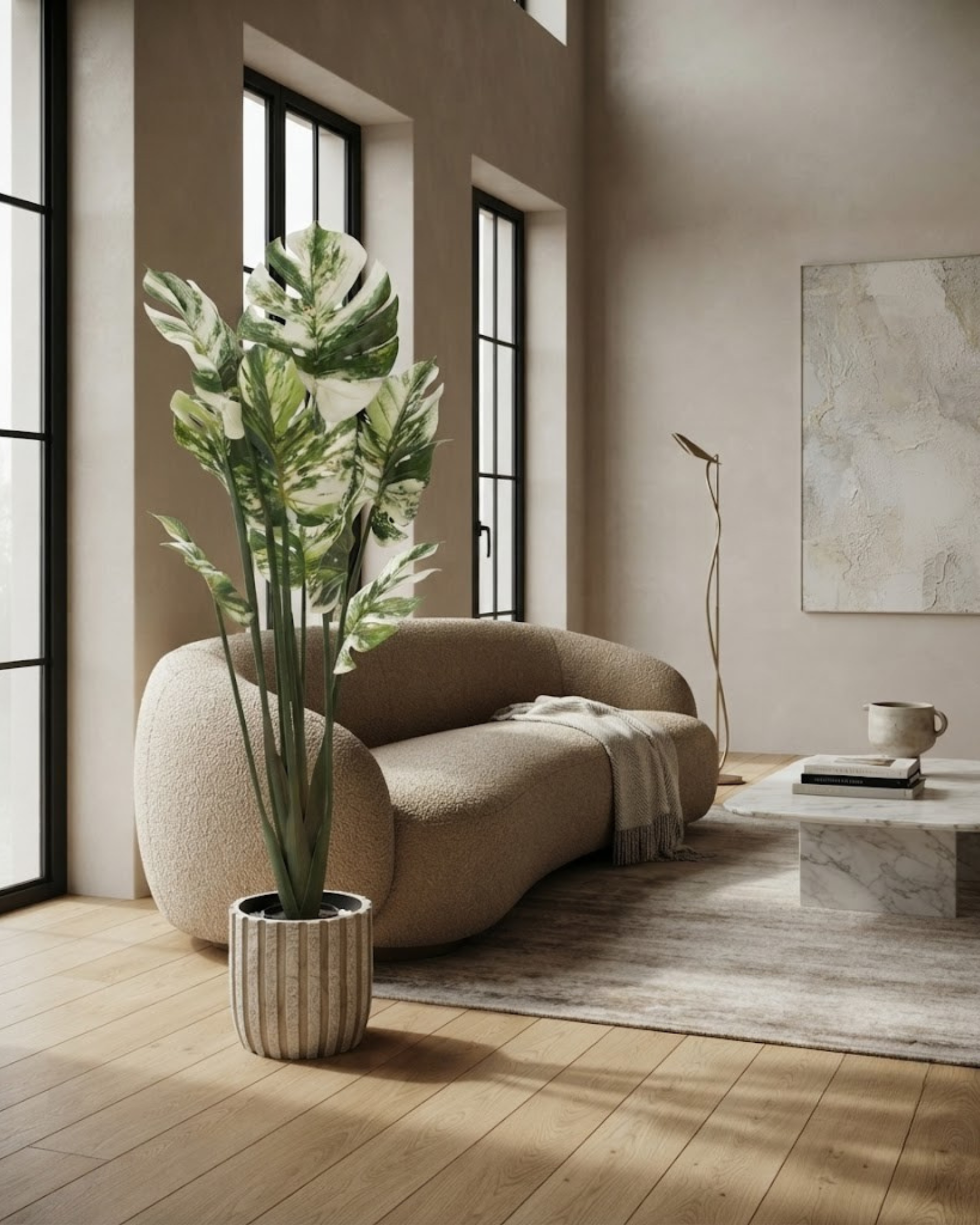 Artificial large indoor plant with variegated green and cream leaves in ribbed pot