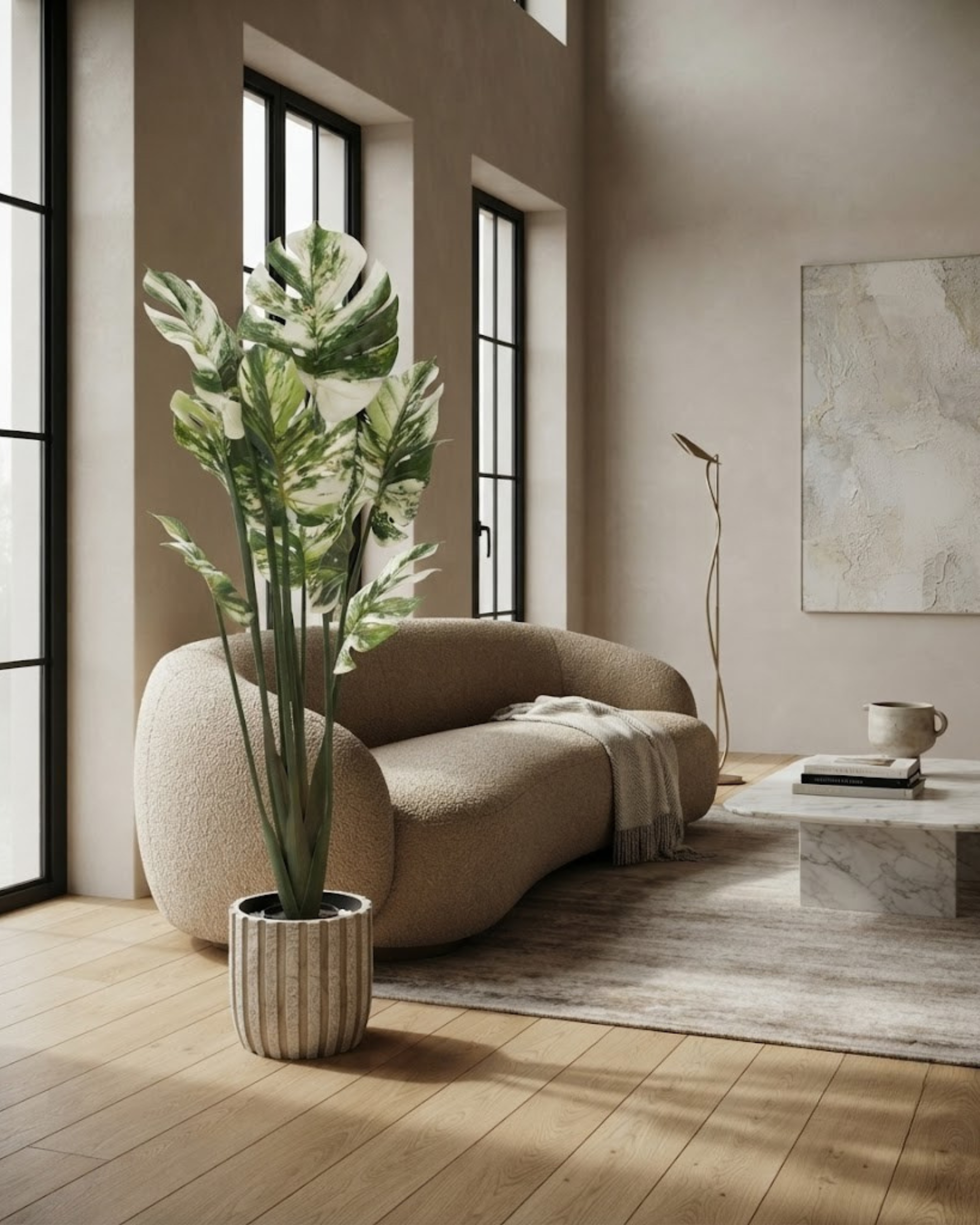 Artificial large indoor plant with variegated green and cream leaves in ribbed pot