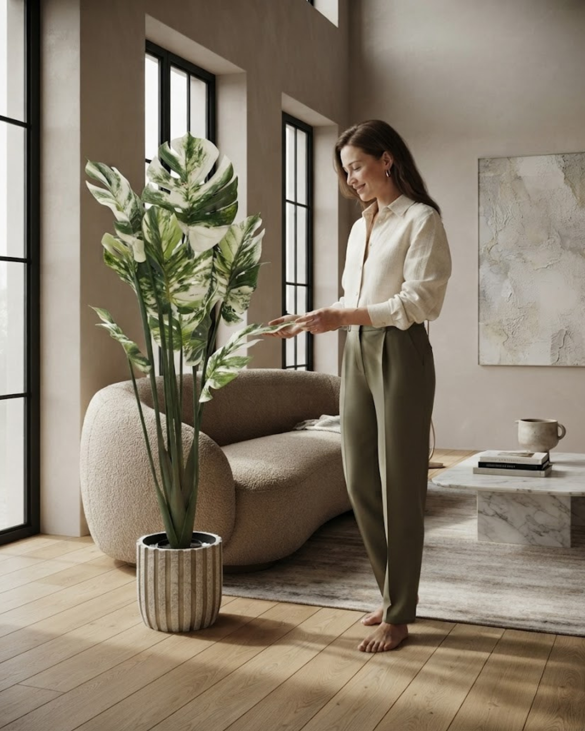 Tall artificial plant with green and cream leaves in a ribbed pot on the floor