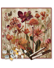 Autumn floral printed table game mat, 33 x 33 in, bordered frame, for mahjong.