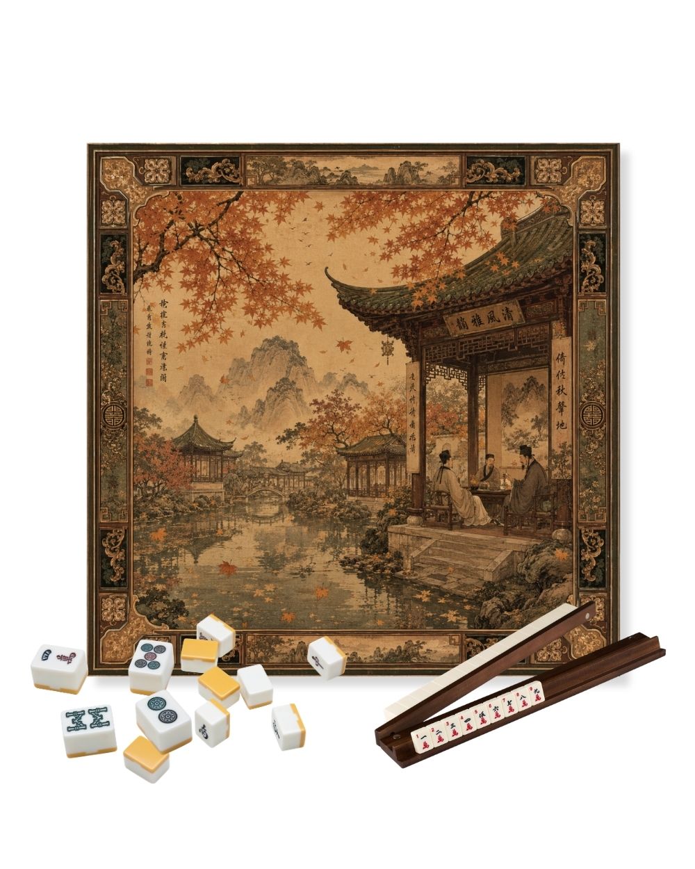 Premsons® Autumn Palace Mahjong Table Mat – Premium Anti-Slip Square Gaming & Decorative Mat - 23 x 23 inch - Versatile Non-Slip Play Surface
