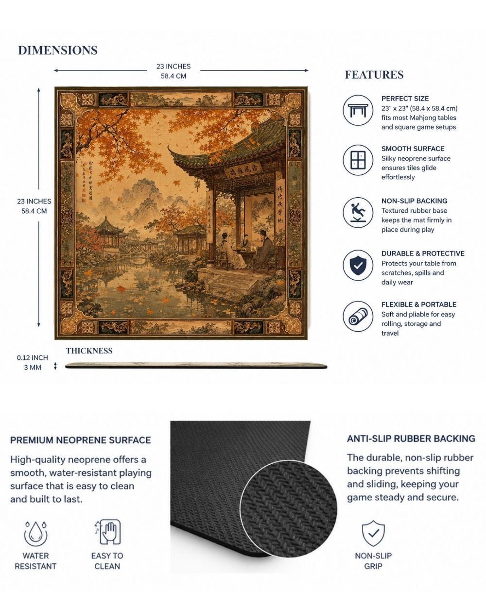 Premsons® Autumn Palace Mahjong Table Mat – Premium Anti-Slip Square Gaming & Decorative Mat - 23 x 23 inch - Versatile Non-Slip Play Surface