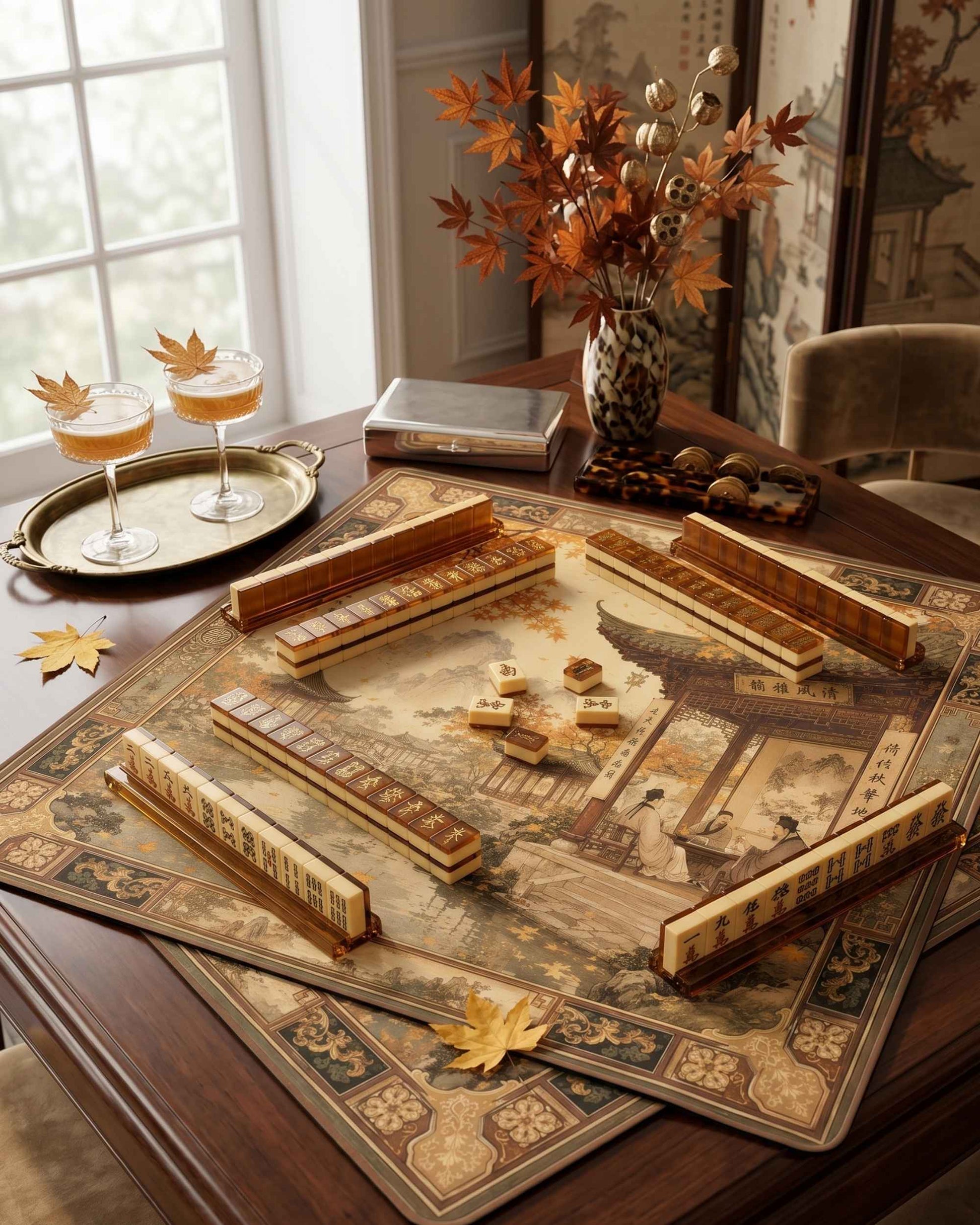 Square decorative mahjong table mat with ornate border and autumn leaf pattern