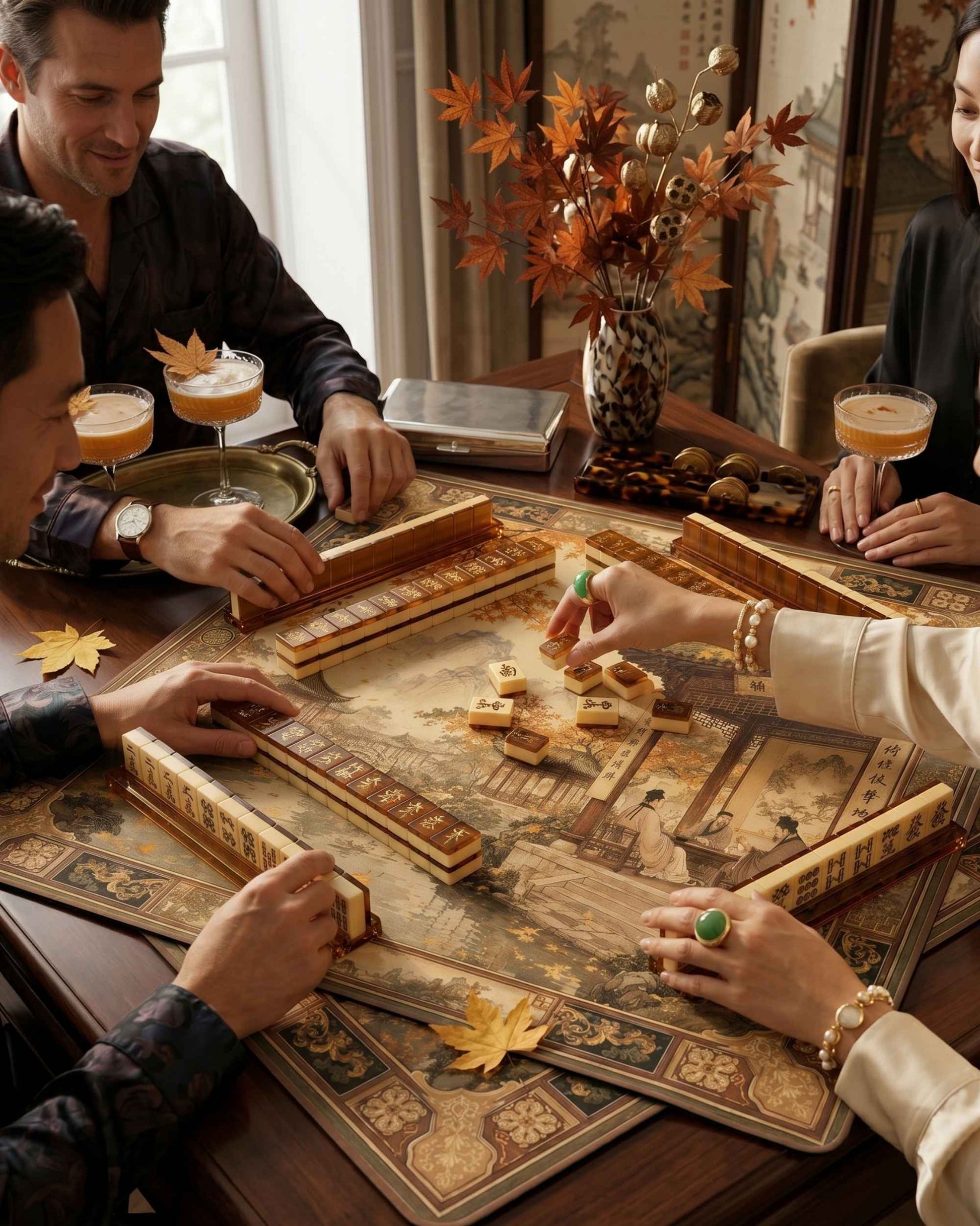 Square mahjong table mat, beige with ornate frame and leaf accents
