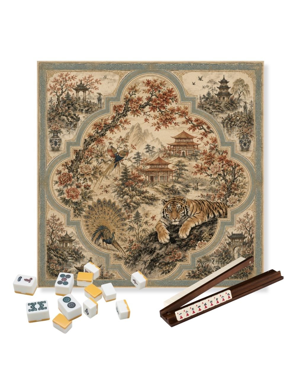 Premsons® Autumn in Jade Valley Mahjong Table Mat – Premium Anti-Slip Square Gaming & Decorative Mat - 23 x 23 inch - Versatile Non-Slip Play Surface