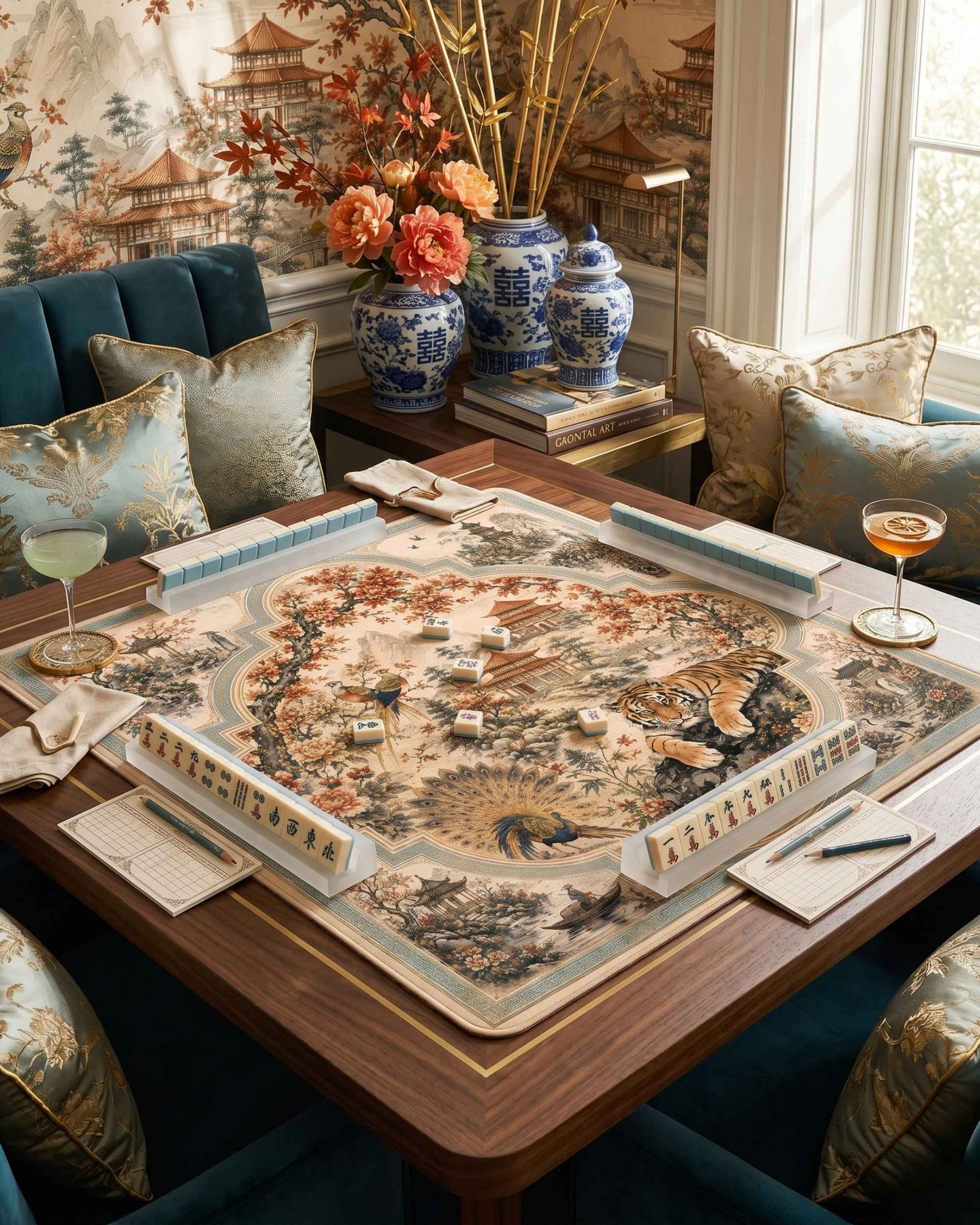 Square decorative game mat with ornate birds and flowers in beige and teal tones
