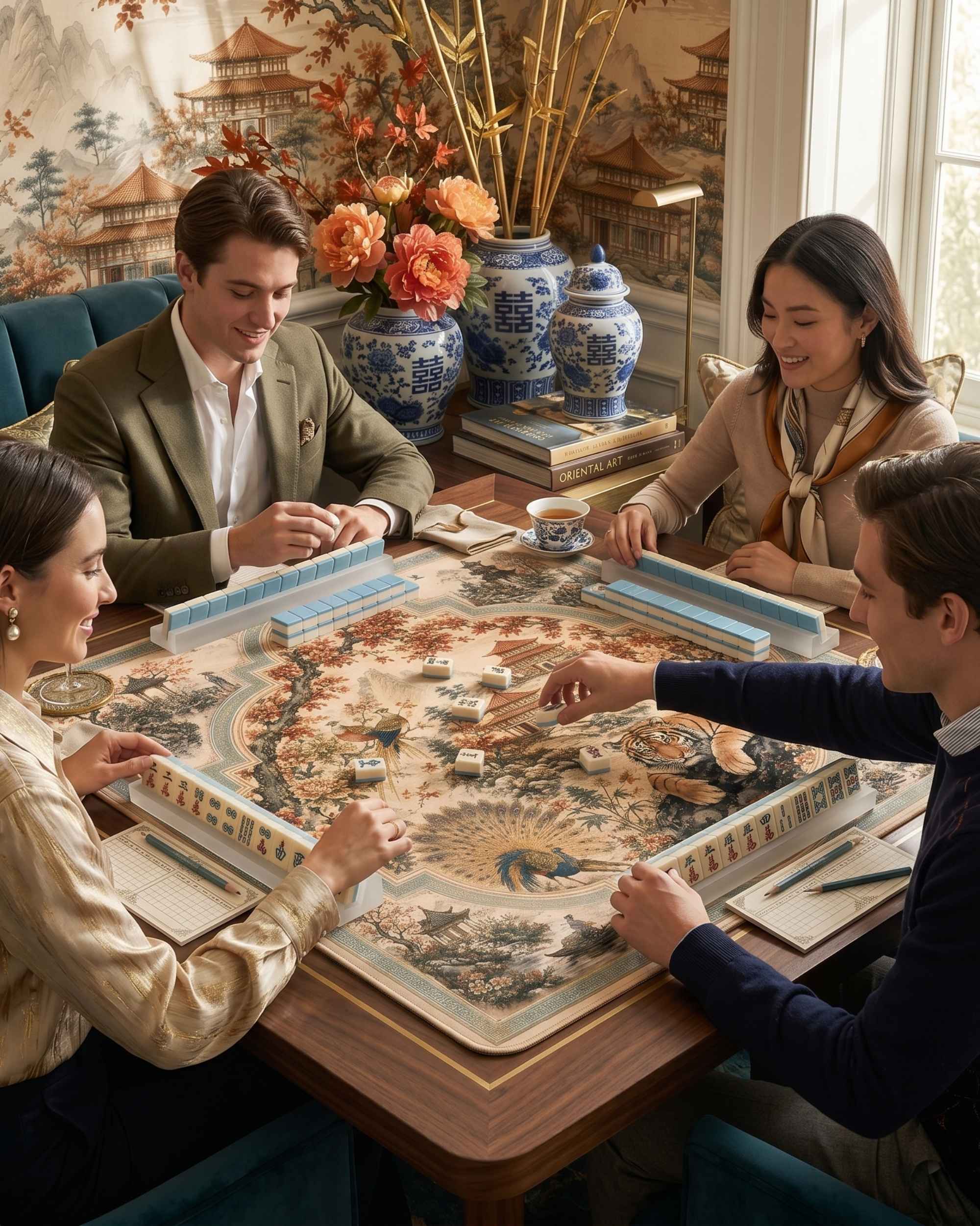 Ornate square gaming mat with bird-and-flower motif on a table for mahjong