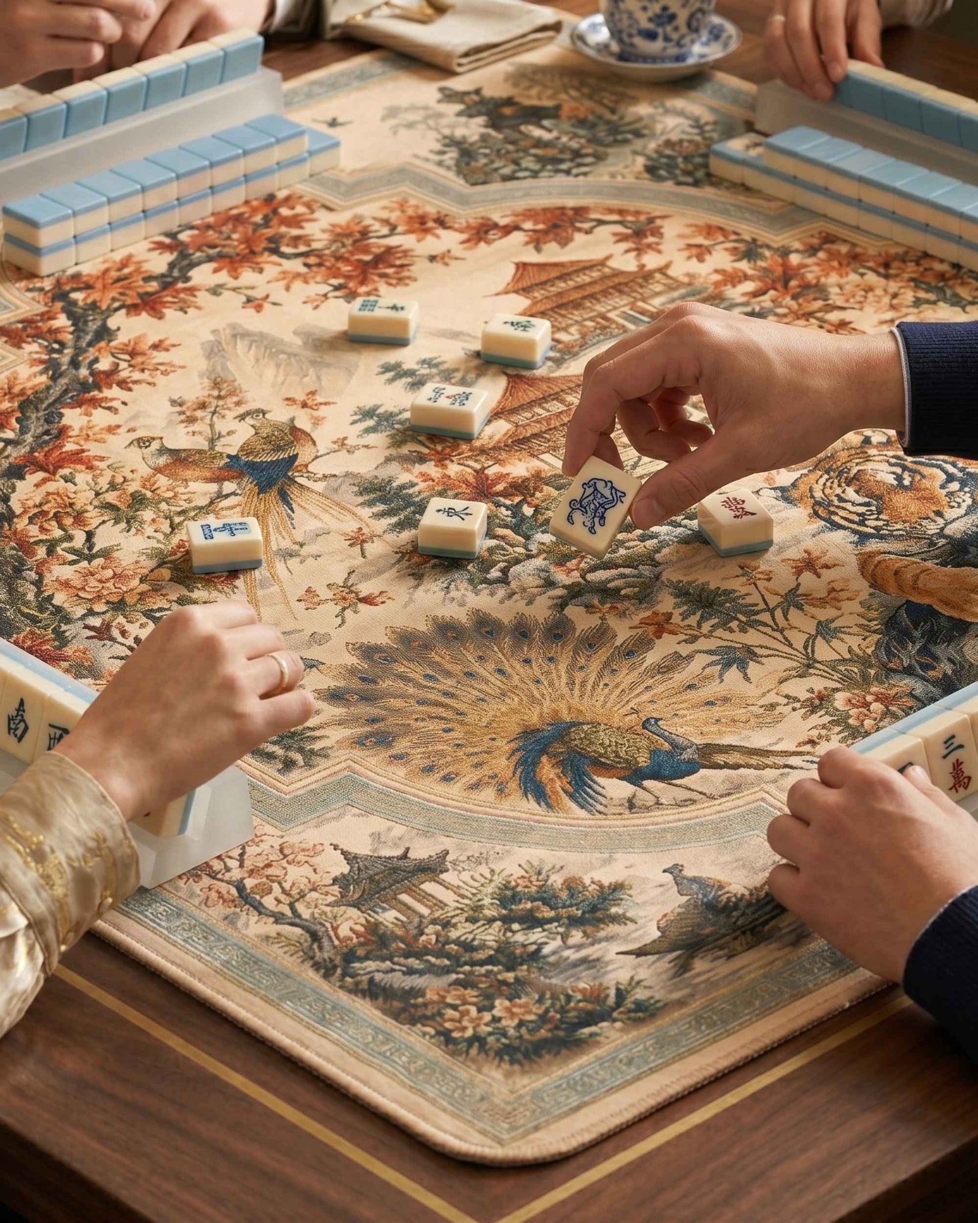Square decorative mahjong mat with detailed birds, flowers, and blue border