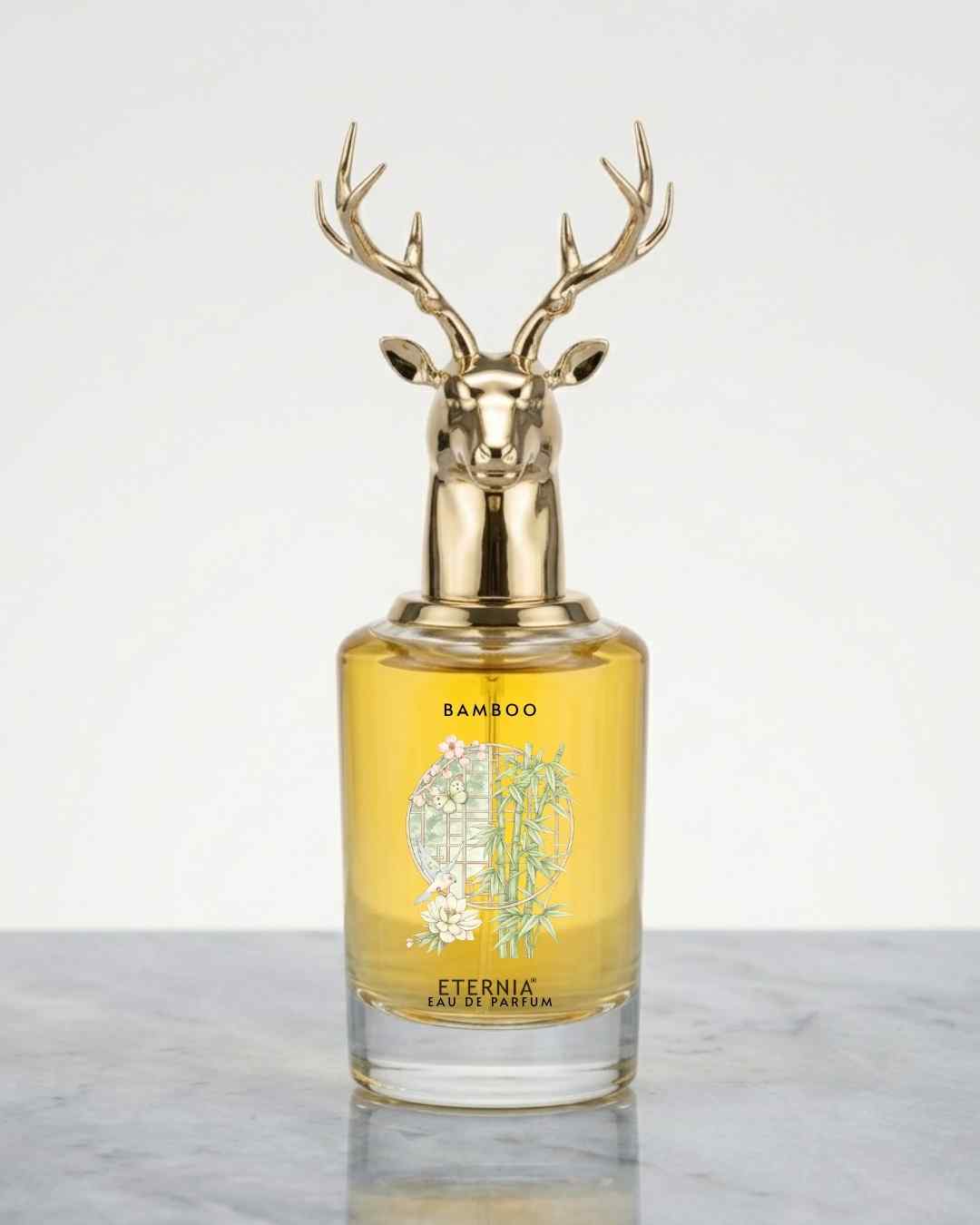 Eternia® Bamboo eau de parfum bottle with deer antler cap, clear green glass