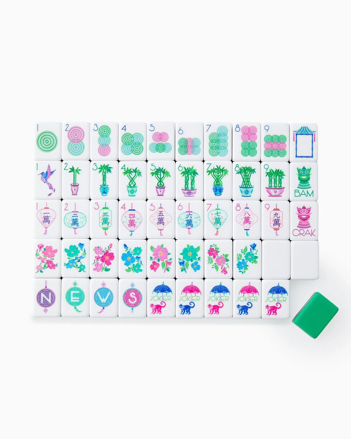 160-piece mahjong tile set with white tiles, green/blue stripes, and colorful symbols