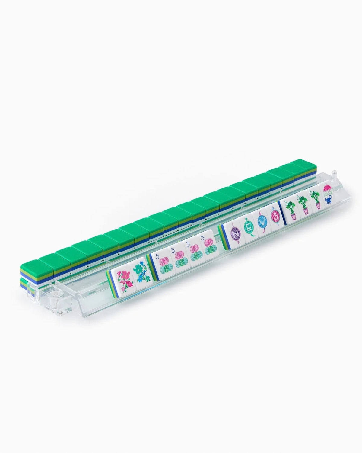 Mahjong tile rack with green rails and clear base holding striped white tiles