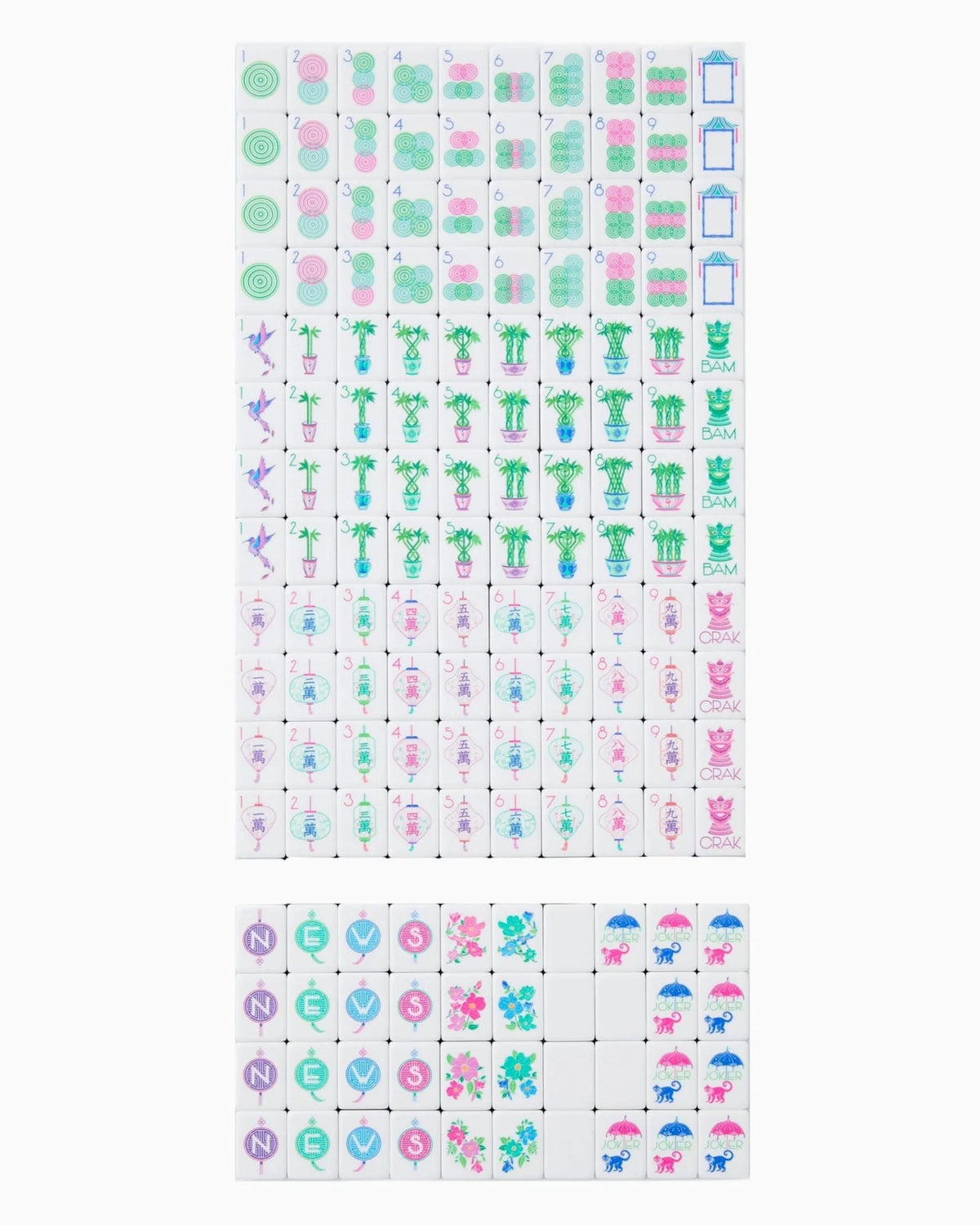 Mahjong tile layout board with white tiles featuring green, blue, pink, and purple symbols