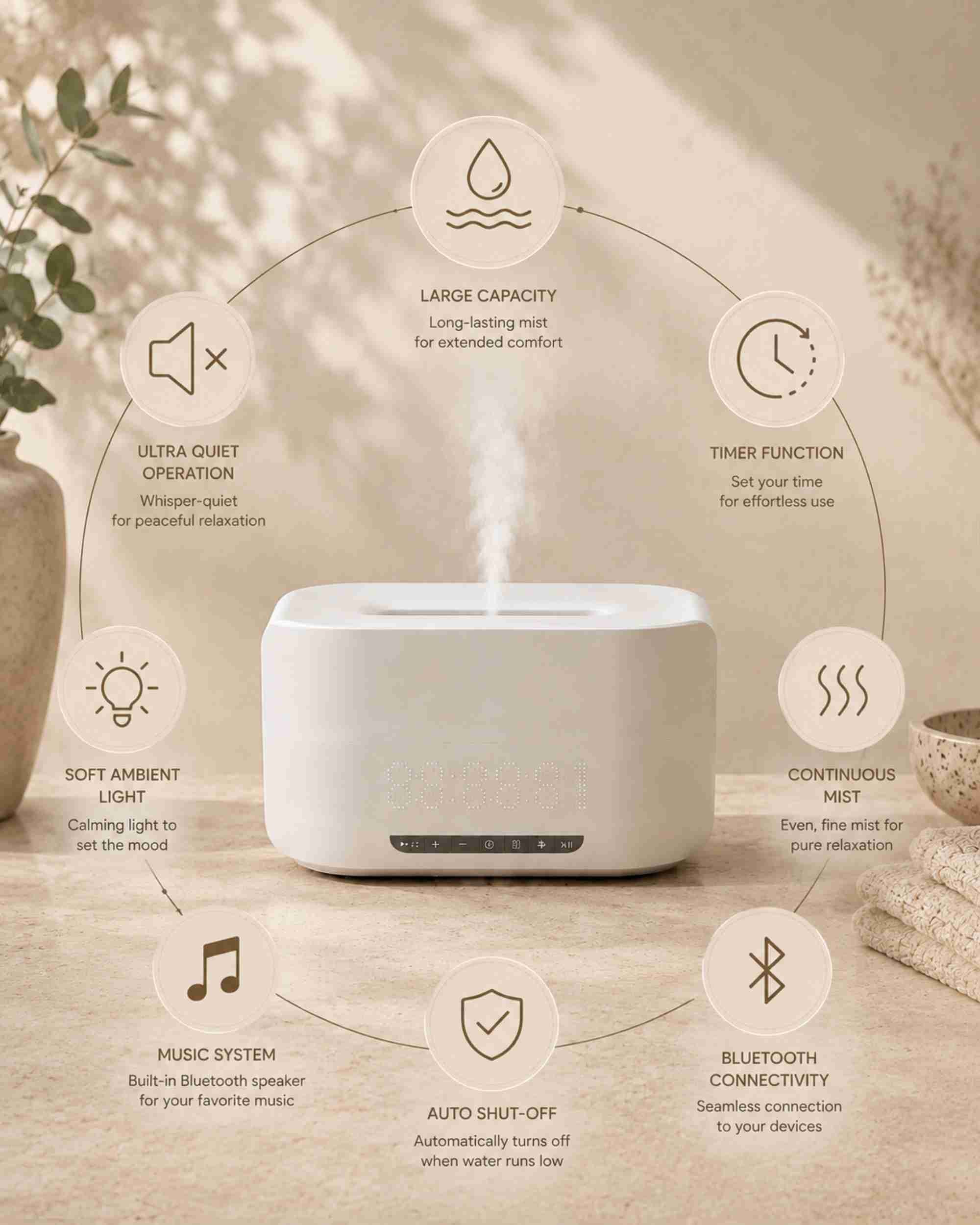 White aroma diffuser with mist outlet and Bluetooth music system icons