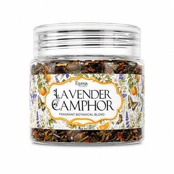 Eternia Lavender Camphor botanical blend in clear glass jar, front label visible