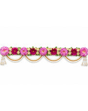 Handmade floral toran door hanging with pink and gold flowers and pearl bead garlands