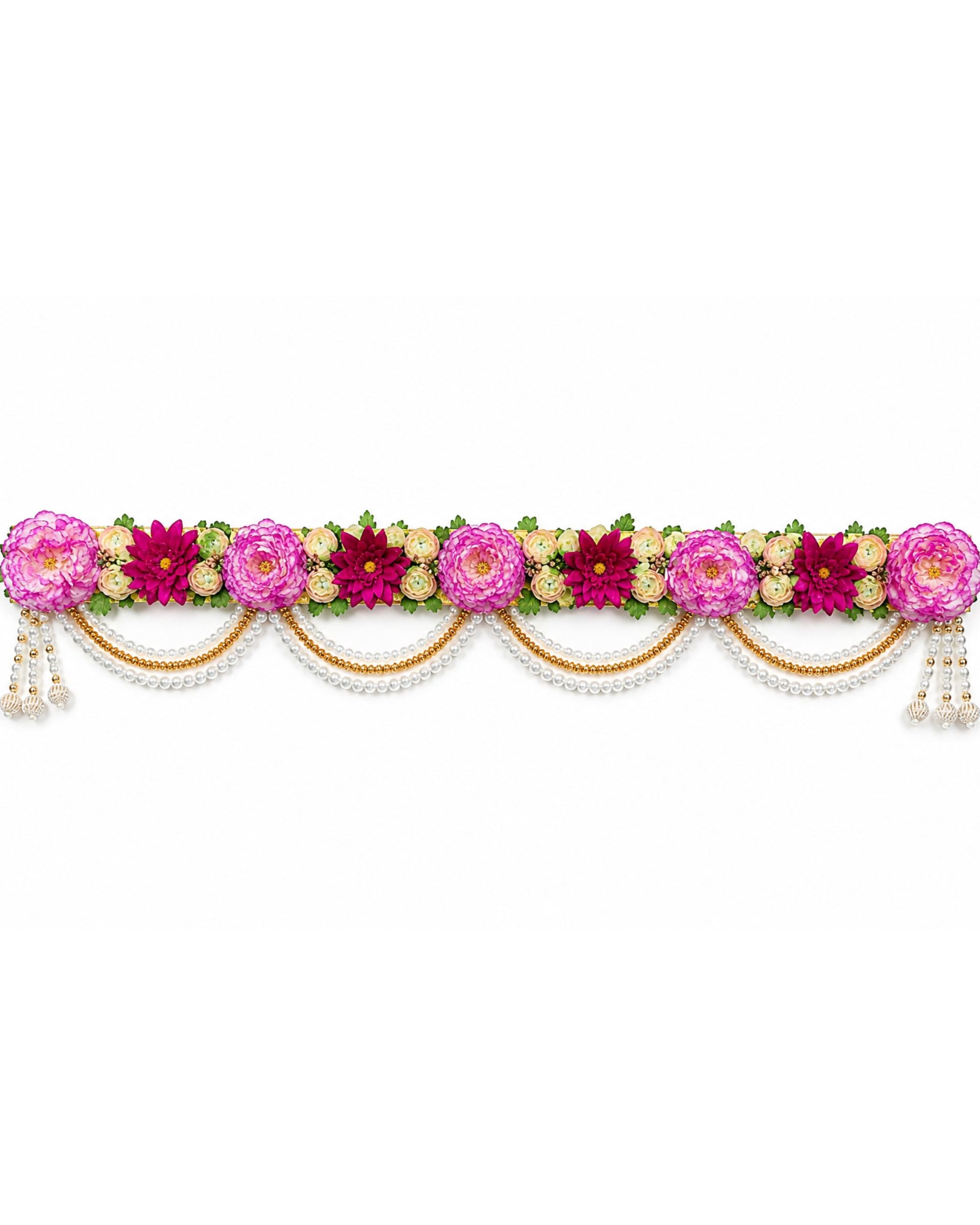 Handmade floral toran door hanging with pink and gold flowers and pearl bead garlands