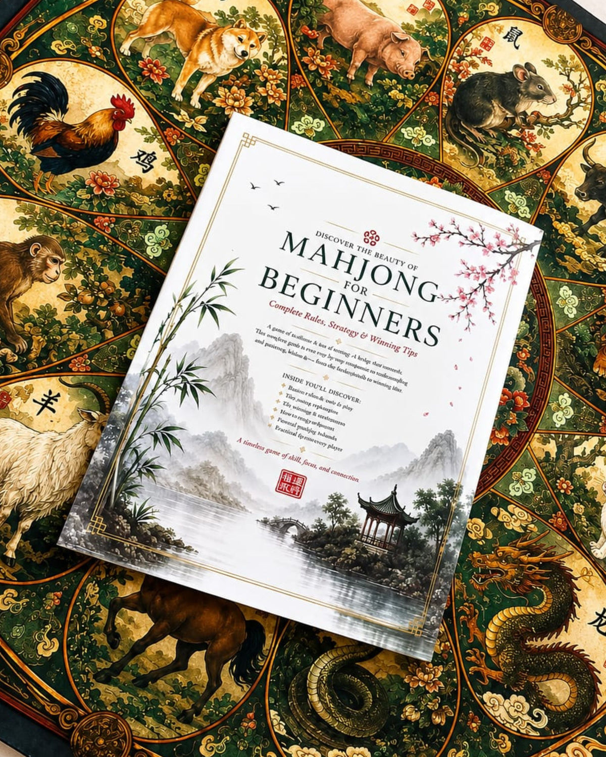Mahjong for Beginners guide book lying on colorful animal-themed board game artwork