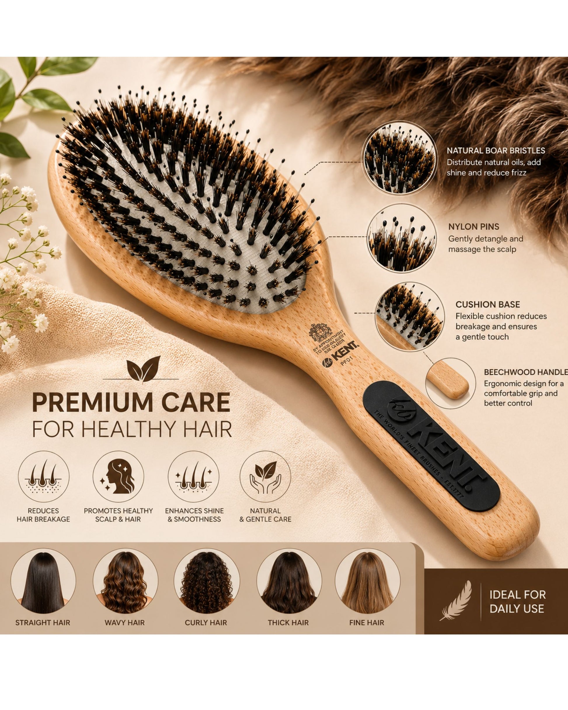 Beechwood cushion hair brush with natural bristles and nylon quills, angled top view.