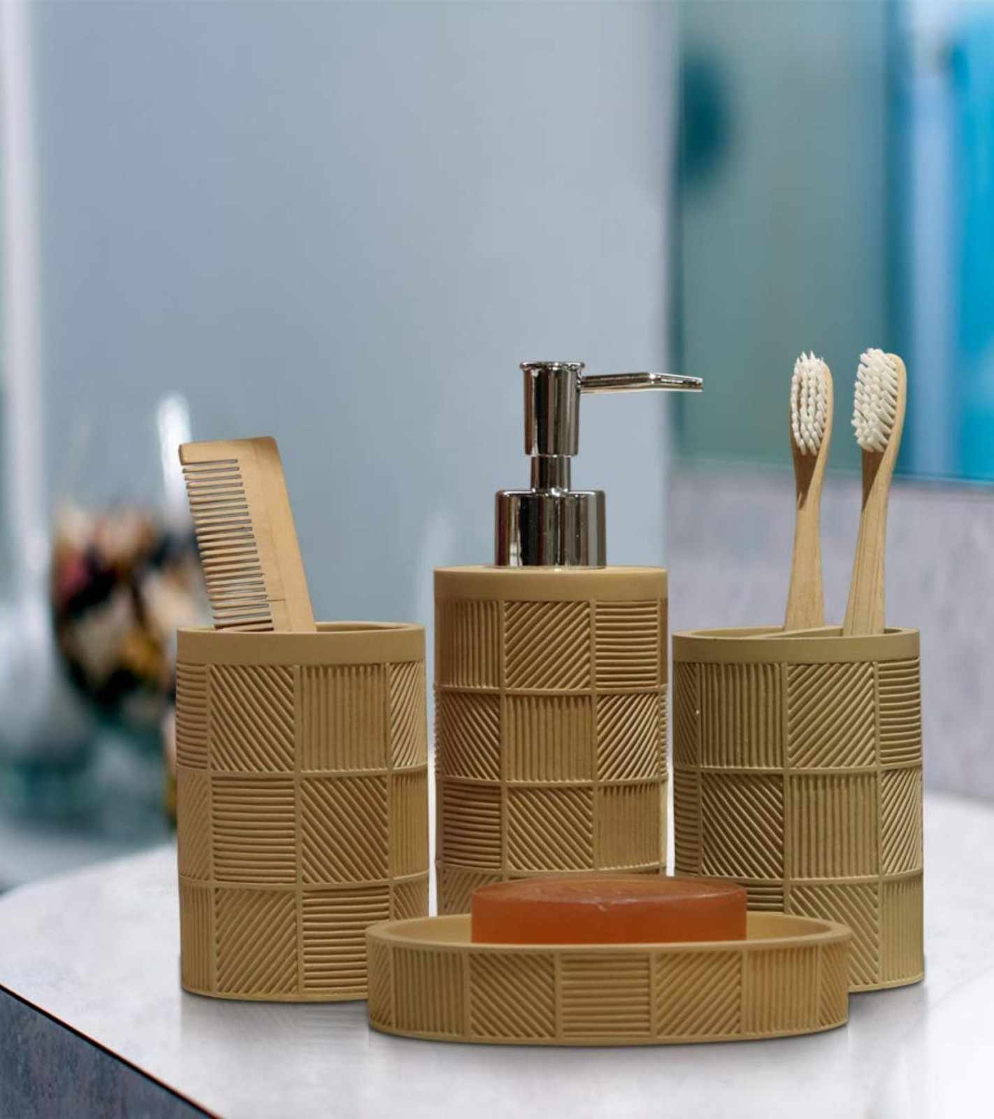 Premsons® Beige Castle Bathroom Accessories Set of 4 – Dispenser, Soap Tray, Cup & Brush Stand – Durable Polyresin Finish