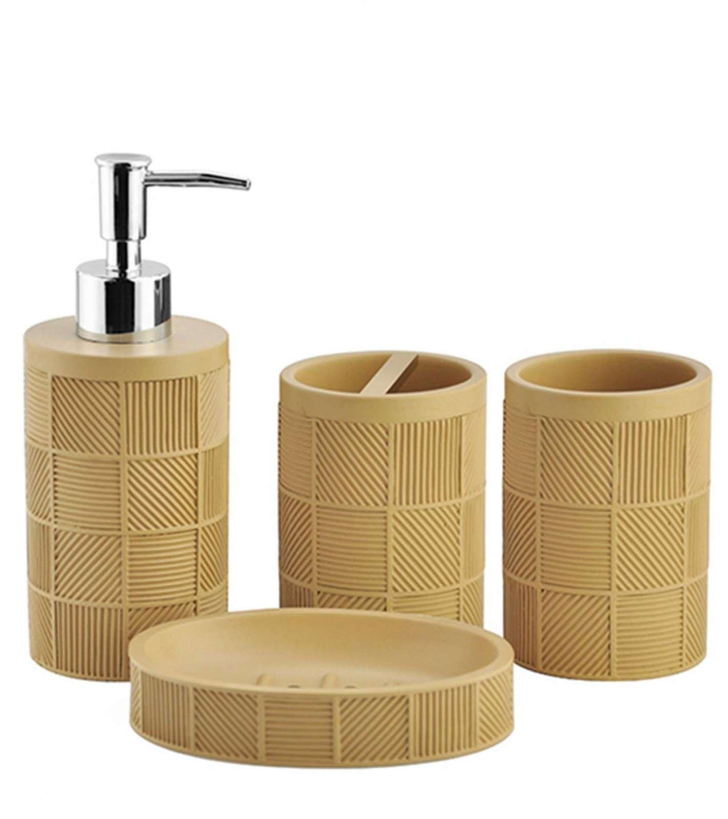 Premsons® Beige Castle Bathroom Accessories Set of 4 – Dispenser, Soap Tray, Cup & Brush Stand – Durable Polyresin Finish