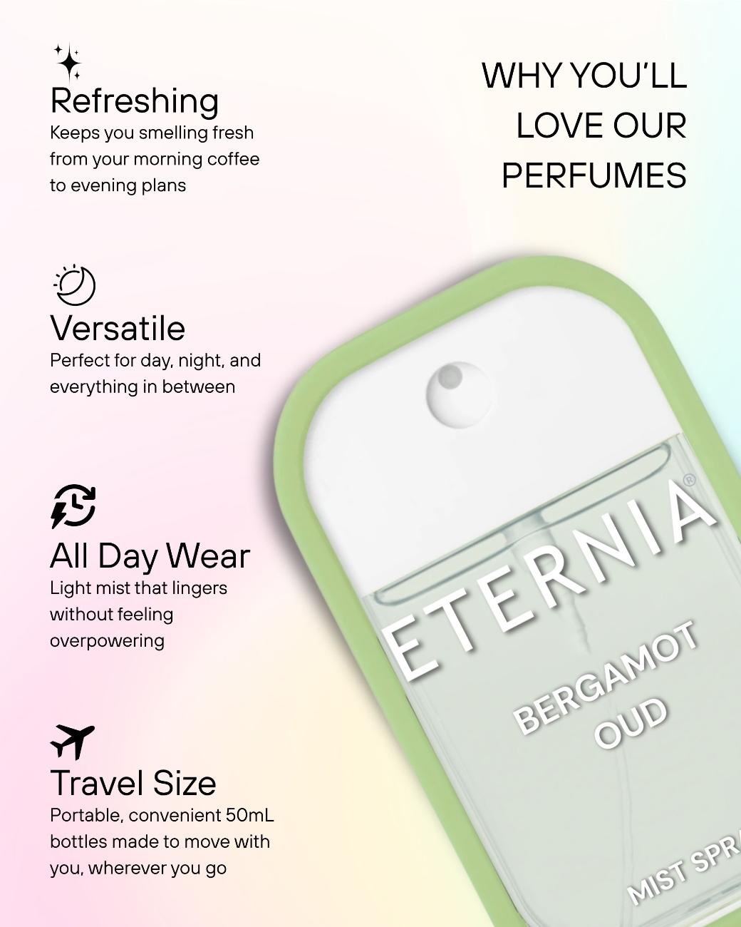 Eternia® Oud Bergamot Perfume Mist Spray – Zesty Bergamot & Smoky Oud | Long-Lasting 50ml Unisex Fragrance Spray