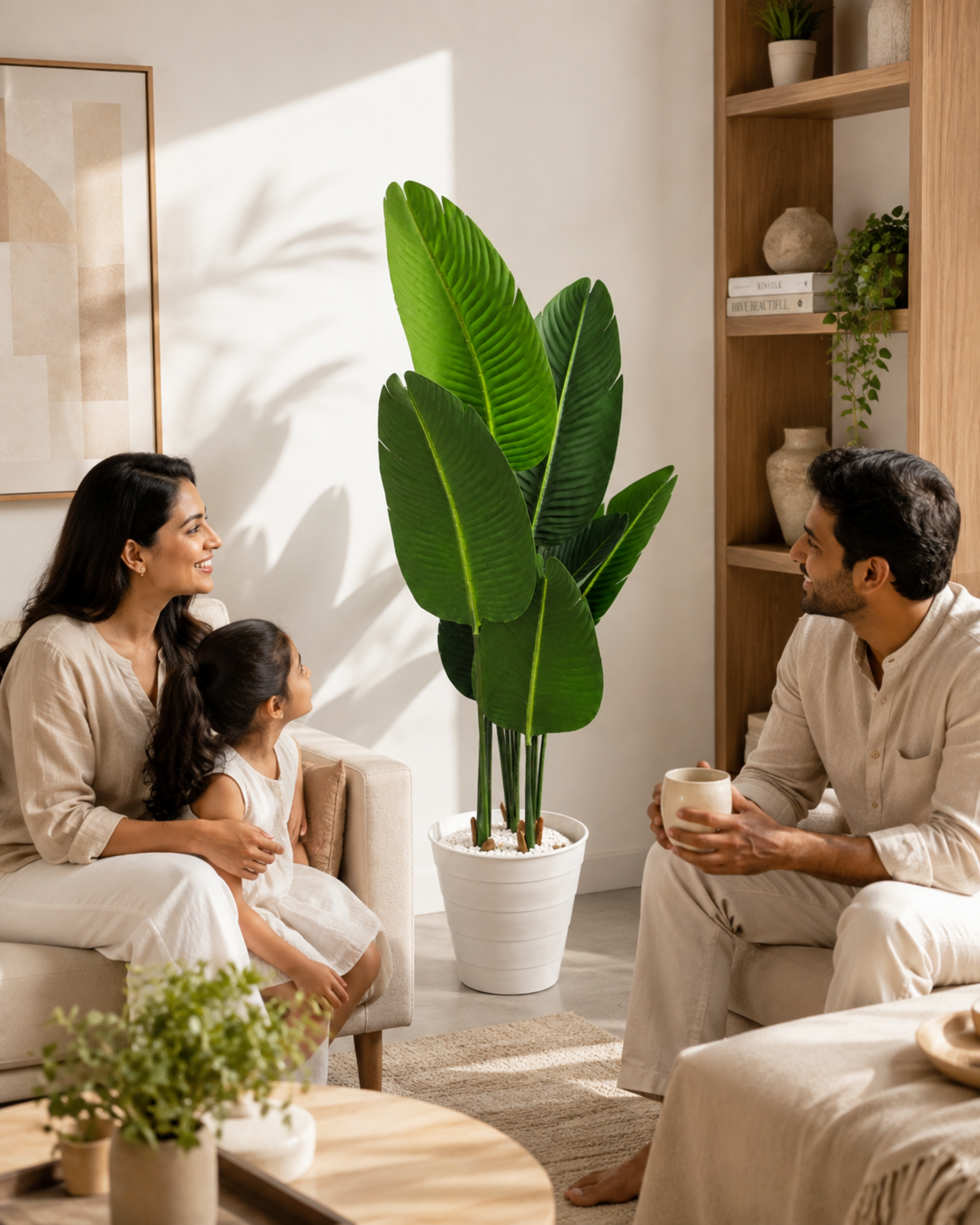 Artificial big-leaf plant in white pot, tall green leaves for indoor decor