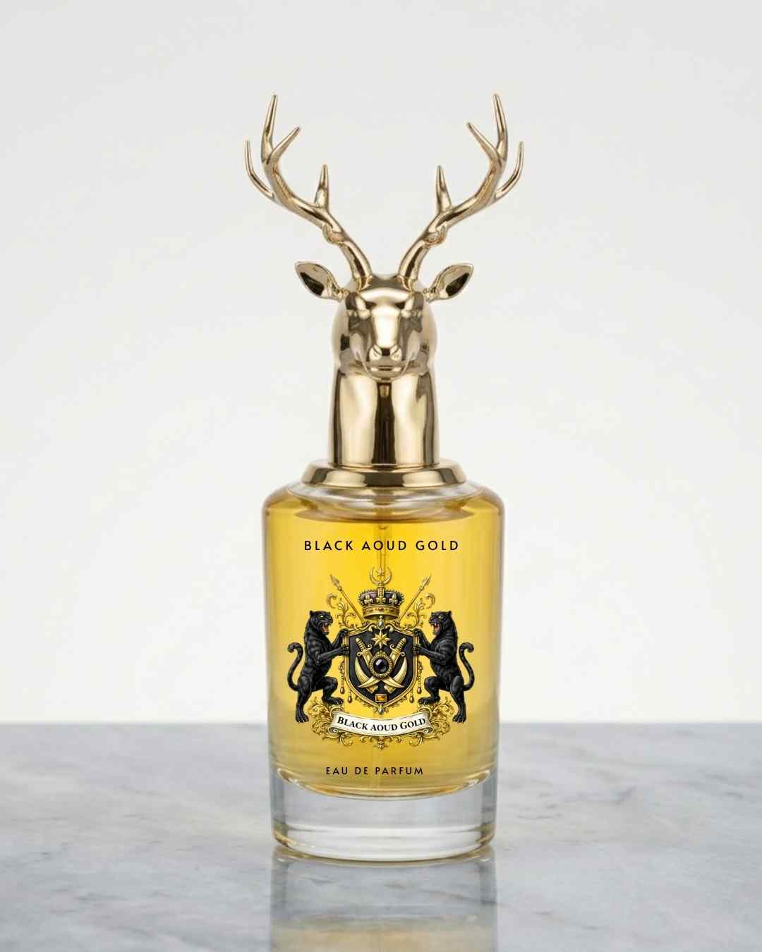 Gold eau de parfum bottle with deer-antler cap, black label with crown graphic