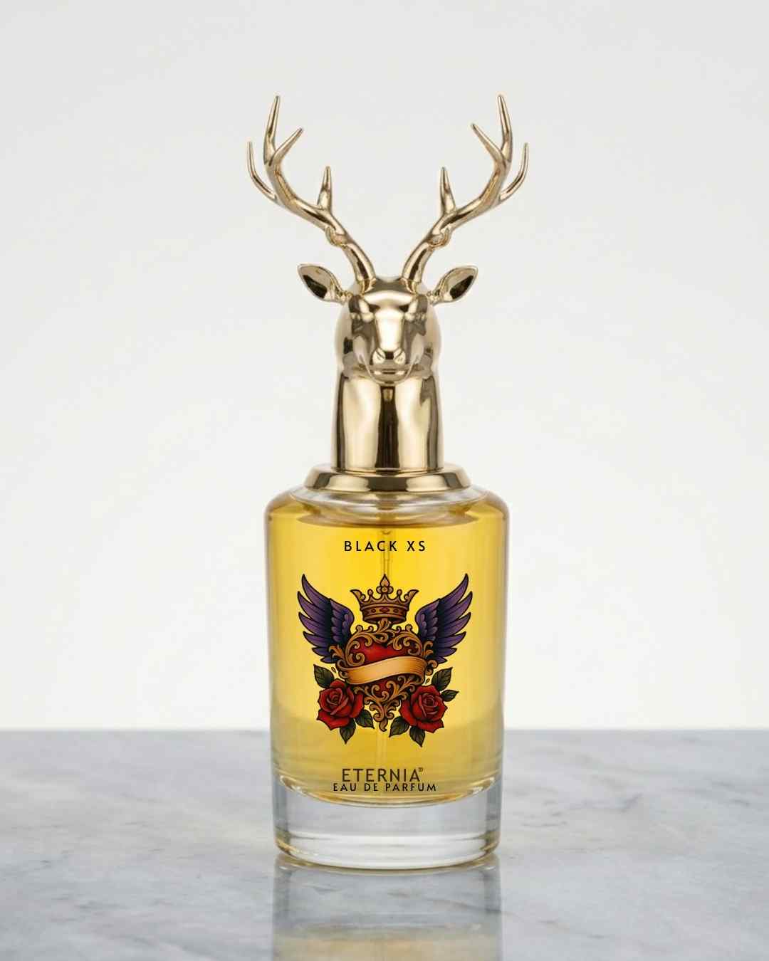 Eternia eau de parfum bottle with gold deer antler cap, labeled Black XS