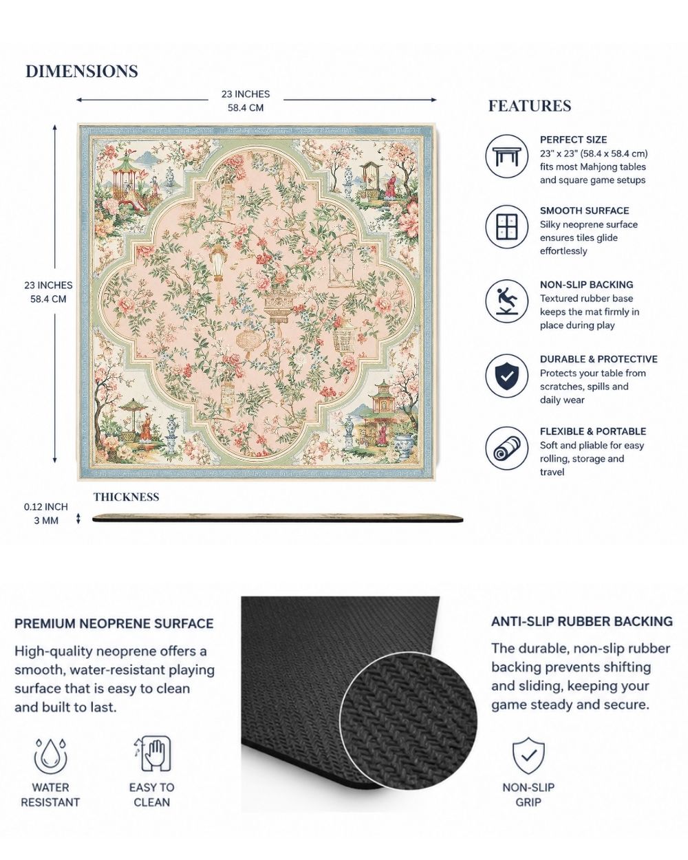 Premsons® Bloom Reverie Mahjong Table Mat – Premium Anti-Slip Square Gaming & Decorative Mat - 23 x 23 inch - Versatile Non-Slip Play Surface