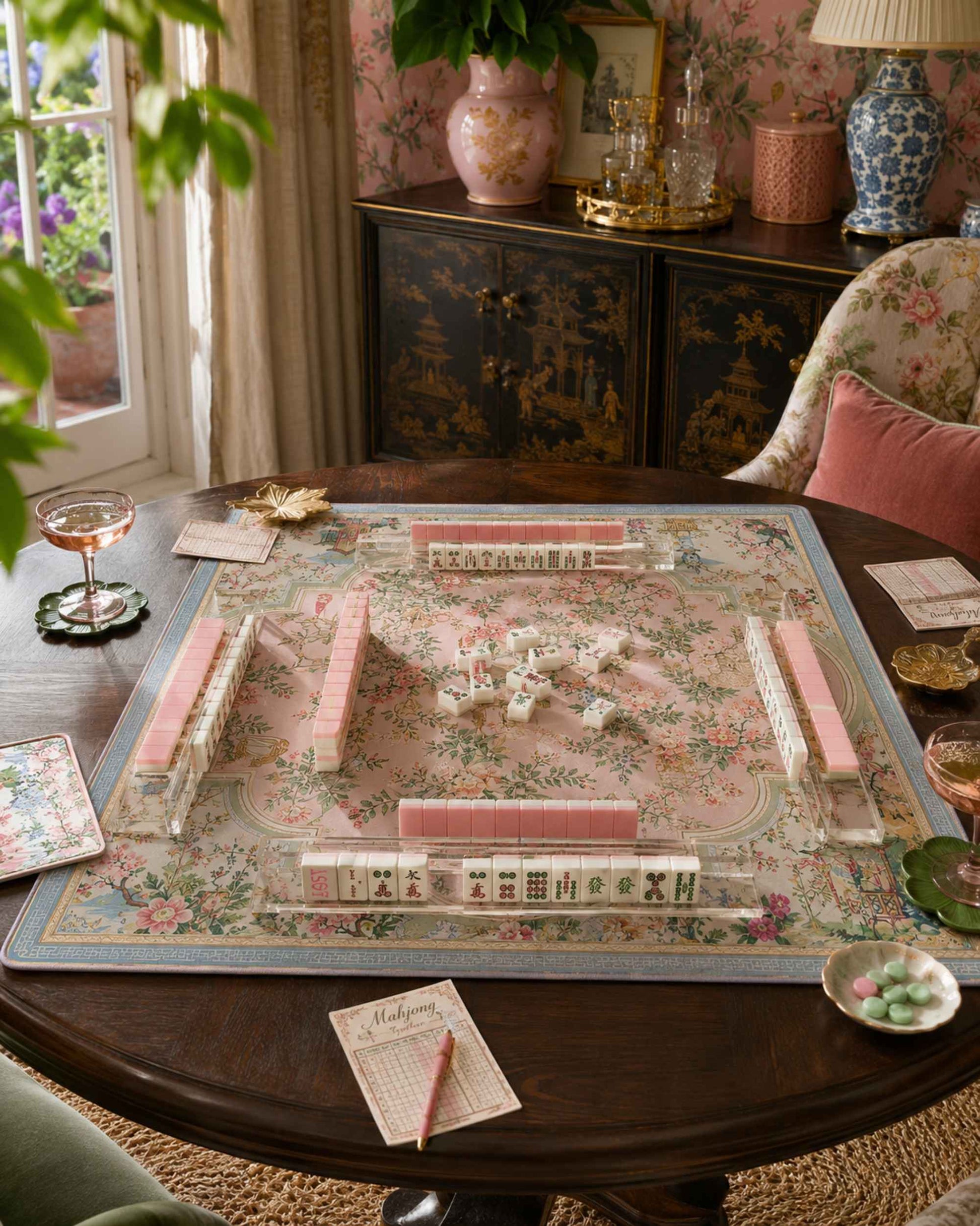 Pink floral mahjong table mat with ornate border and centered design, square play surface