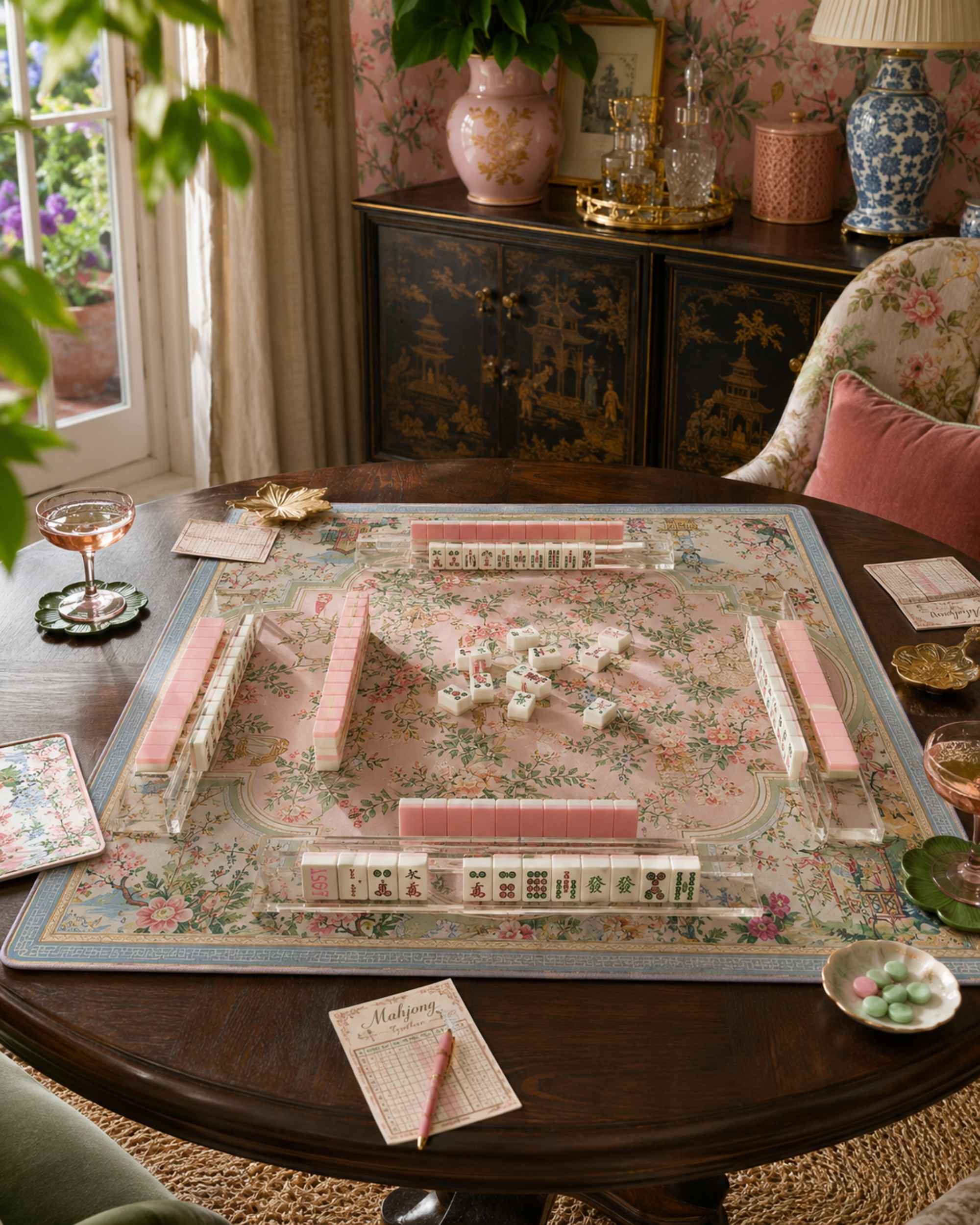 Pink floral mahjong table mat with ornate border and centered design, square play surface