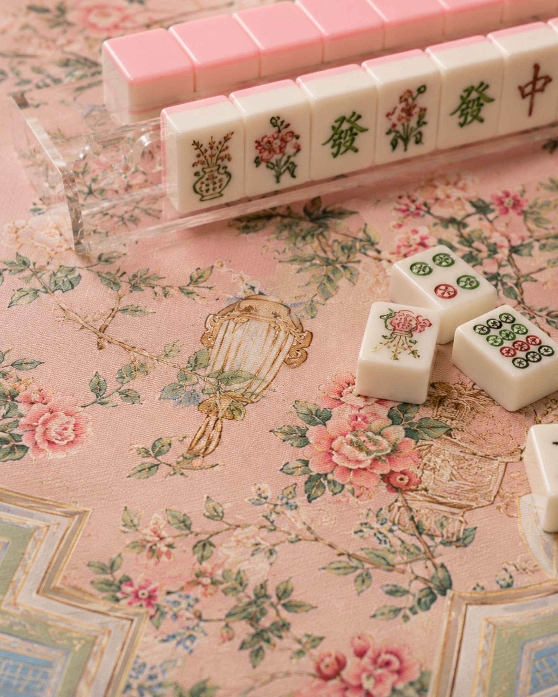 Pink and green floral mahjong mat with decorative border, showing nearby mahjong tiles