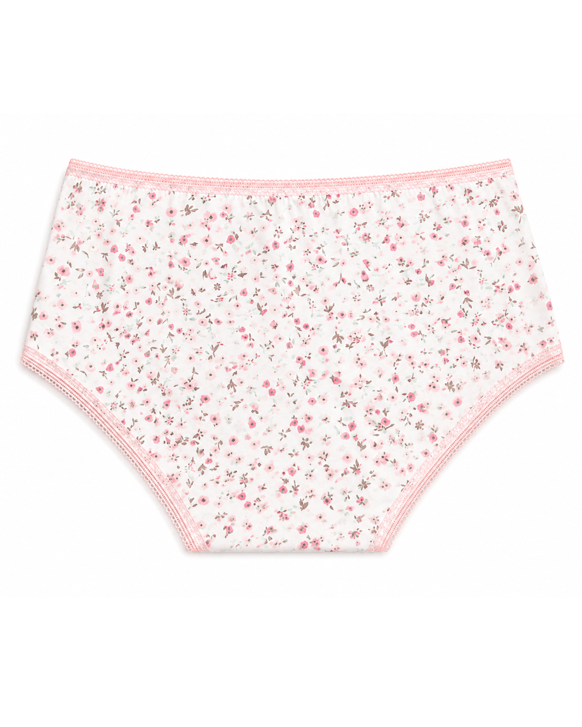 Girls' cute cut underwear brief, white with pink floral print and pink trim