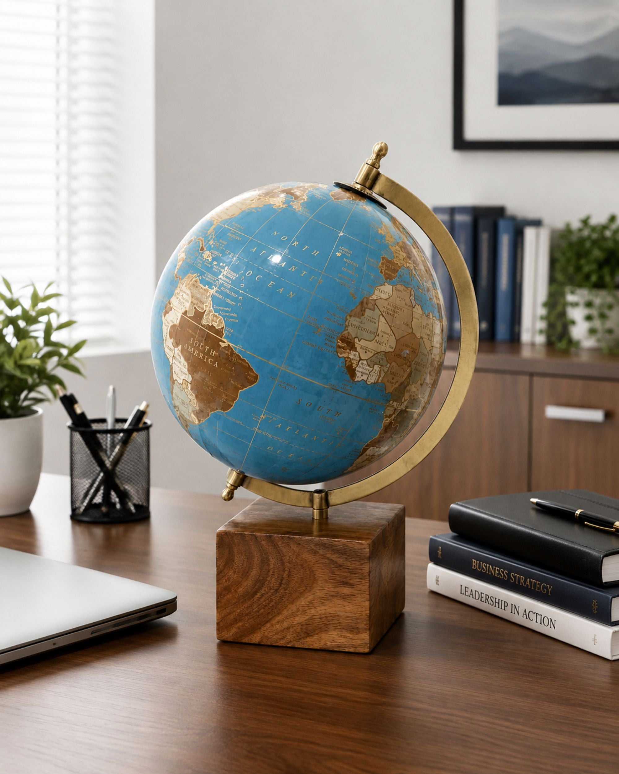 Premsons® Blue World Globe – Gold Metal Arc & Wooden Base- Medium Size