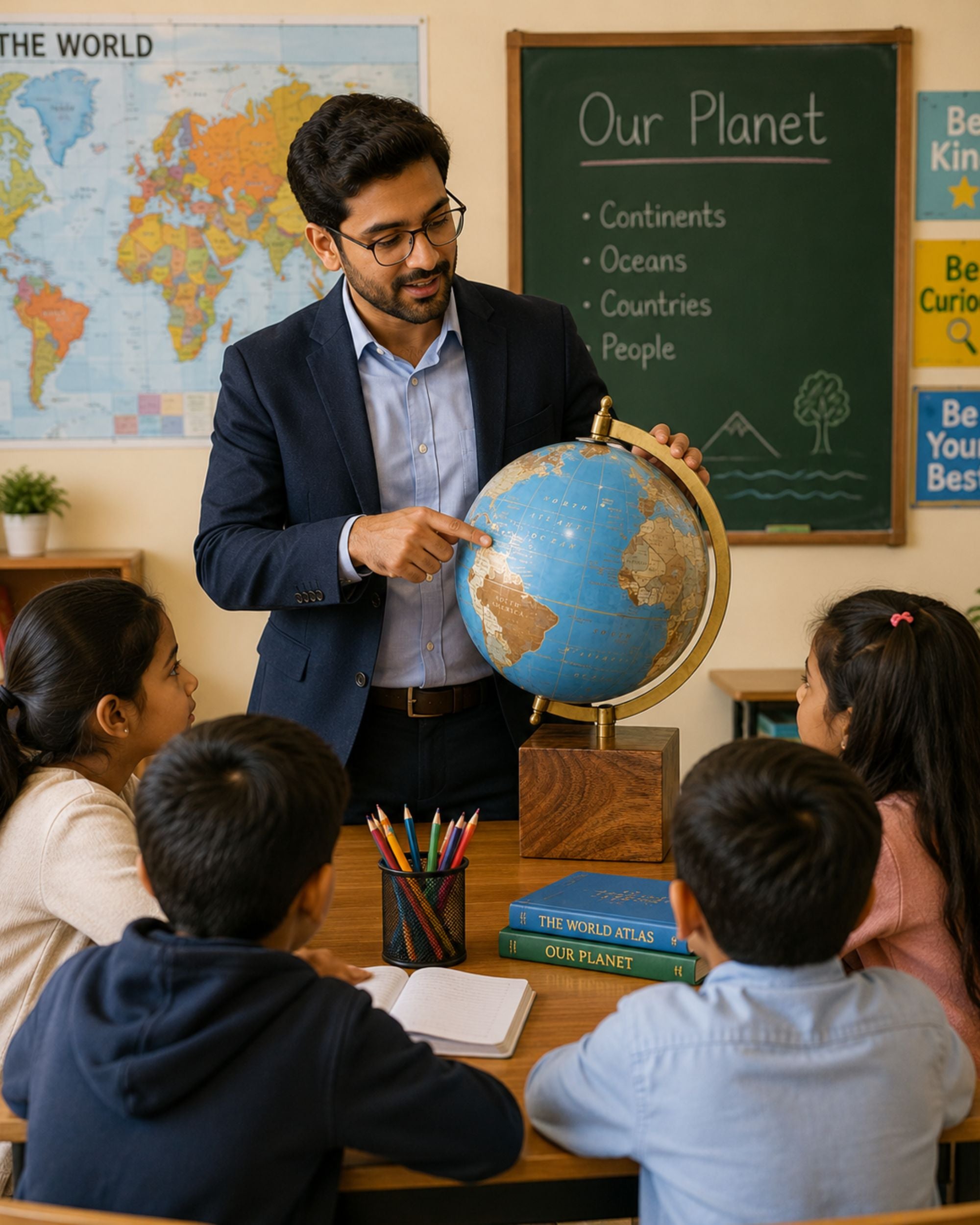 Premsons® Blue World Globe – Gold Metal Arc & Wooden Base- Medium Size