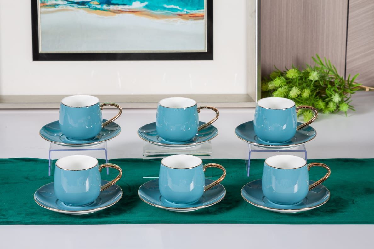 Premsons® Tea Cup & Saucer Set of 6 – Elegant Porcelain Cups for Tea & Coffee – Teal Green