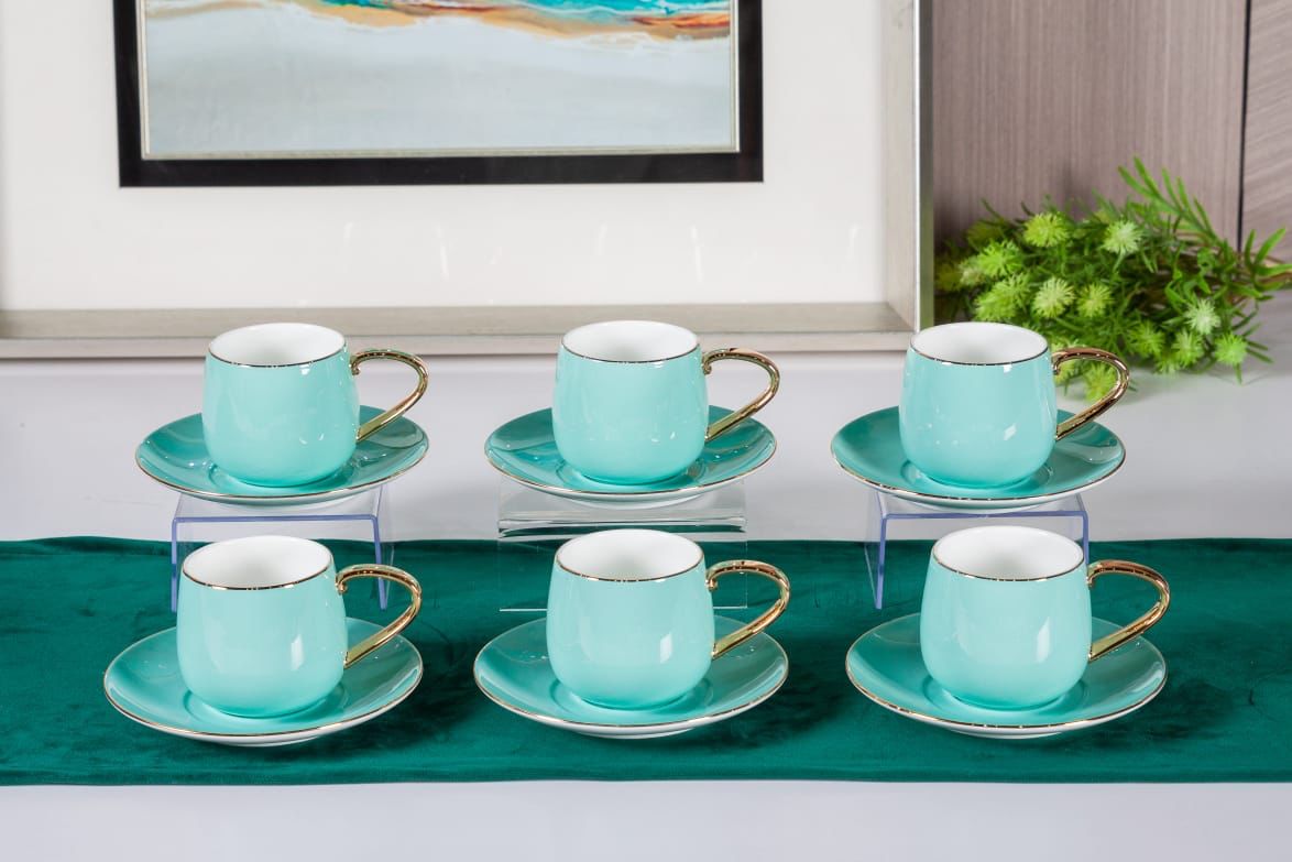 Premsons® Tea Cup & Saucer Set of 6 – Elegant Porcelain Cups for Tea & Coffee – Mint Green