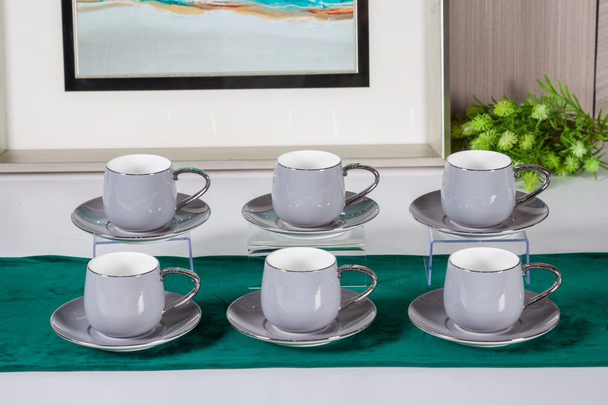 Premsons® Tea Cup & Saucer Set of 6 – Elegant Porcelain Cups for Tea & Coffee – Solid Grey