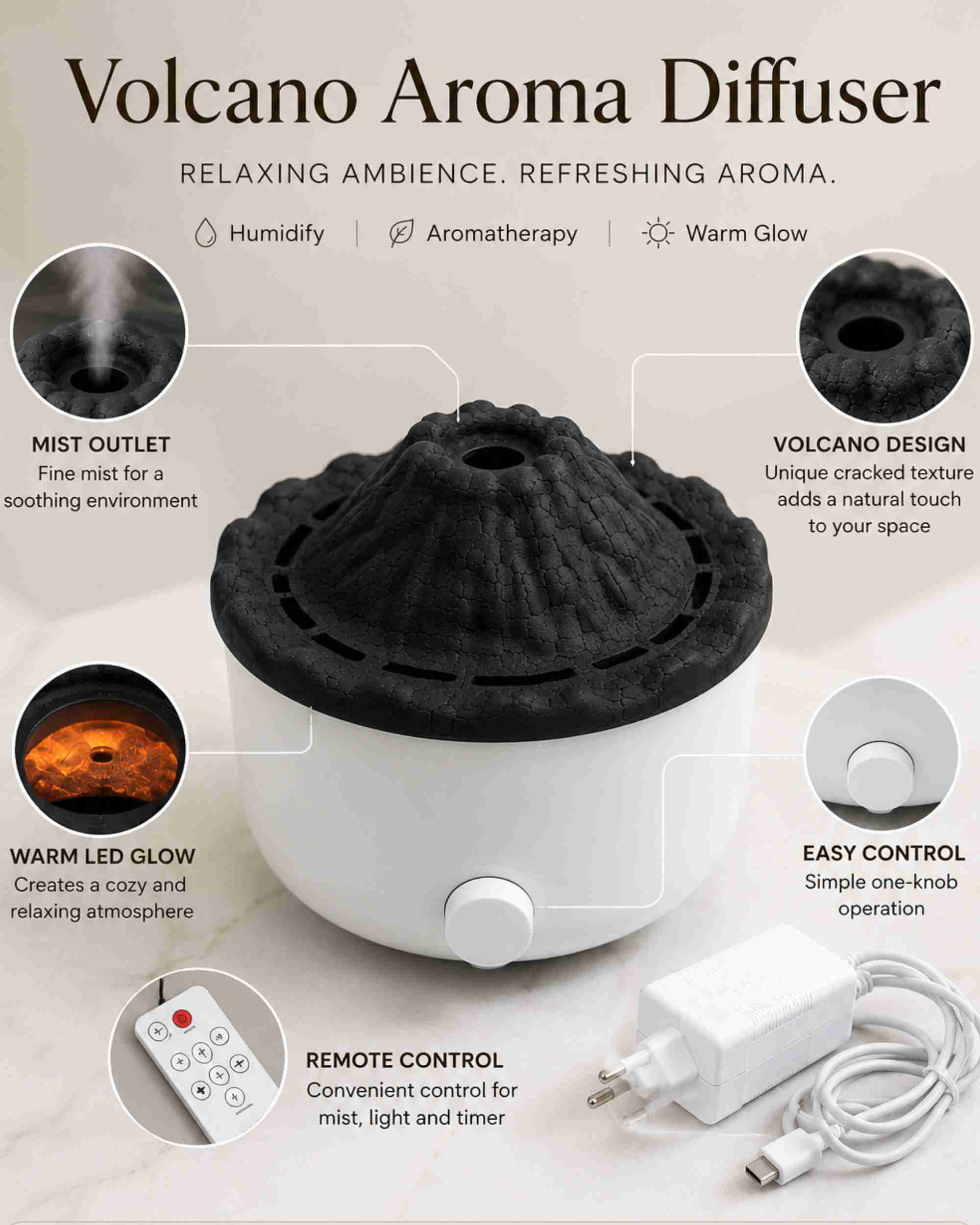 White aroma diffuser with textured black volcano lid and easy-control front
