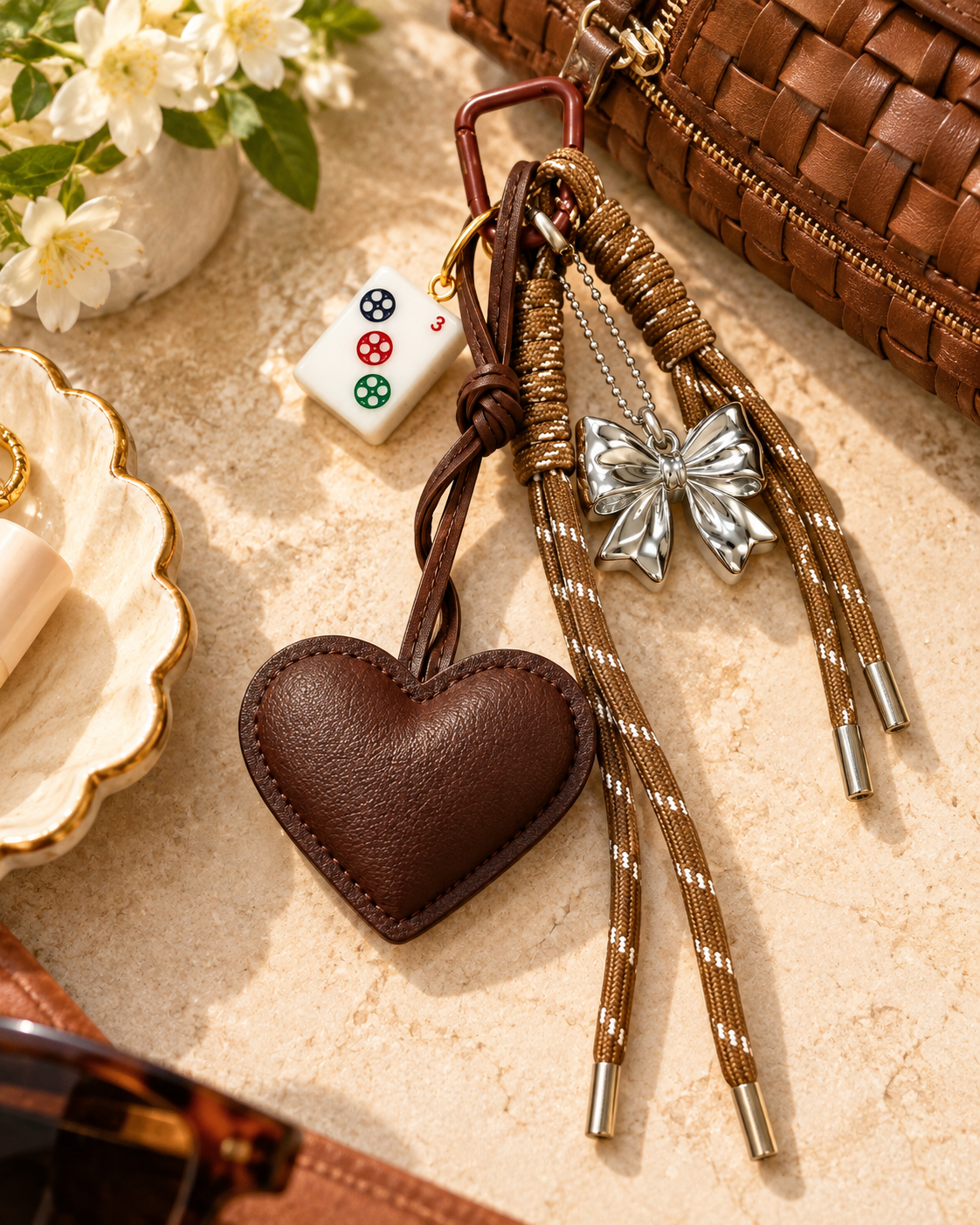 Brown leather heart keychain with mahjong tile charm, metallic tassels, bow detail