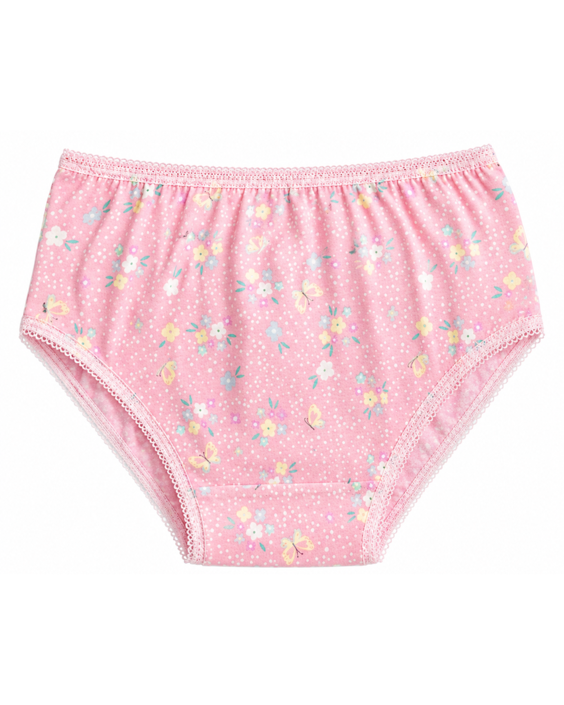 Girls' pink high-waist briefs with pastel flowers and stars print, pink trim