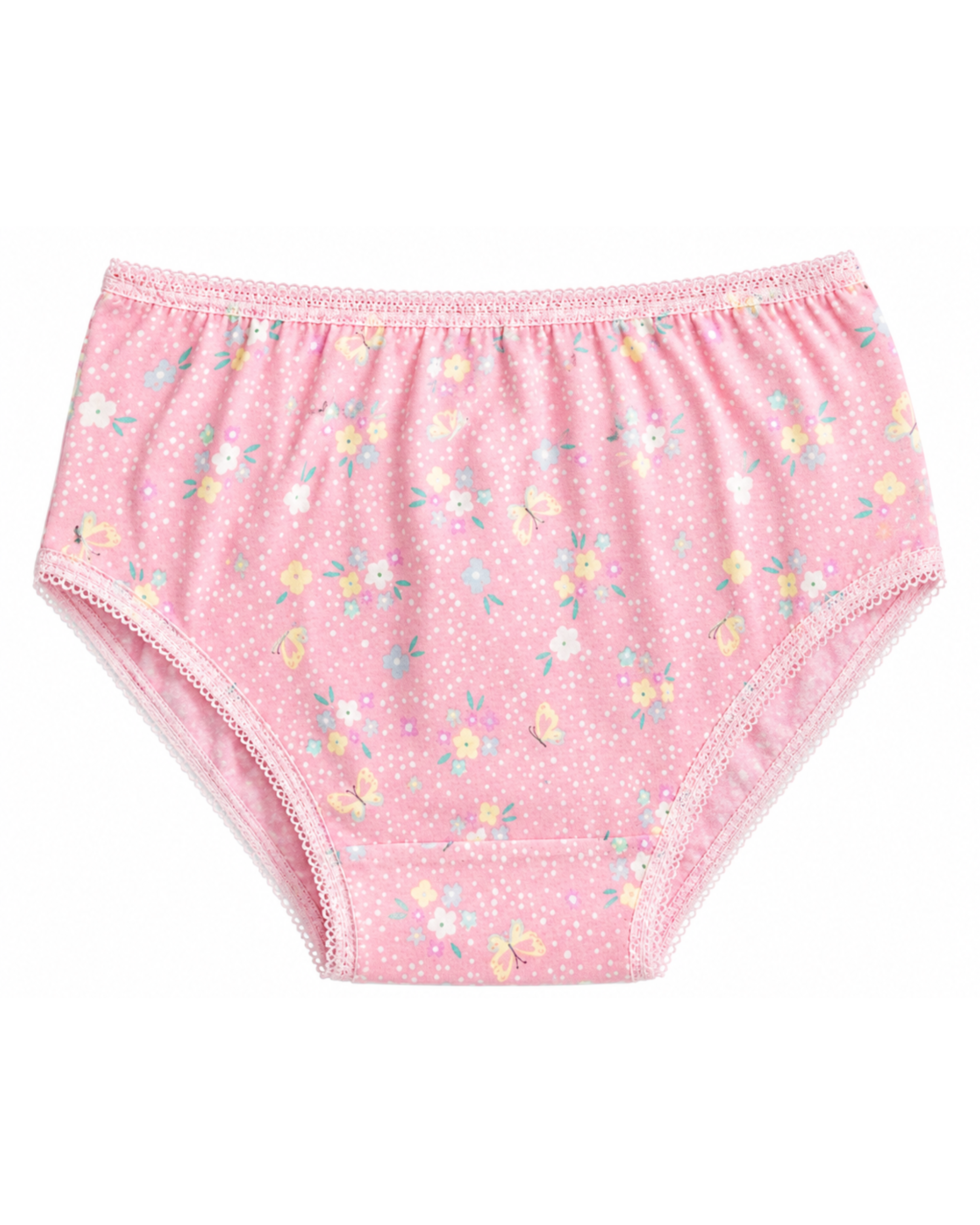 Girls' pink high-waist briefs with pastel flowers and stars print, pink trim