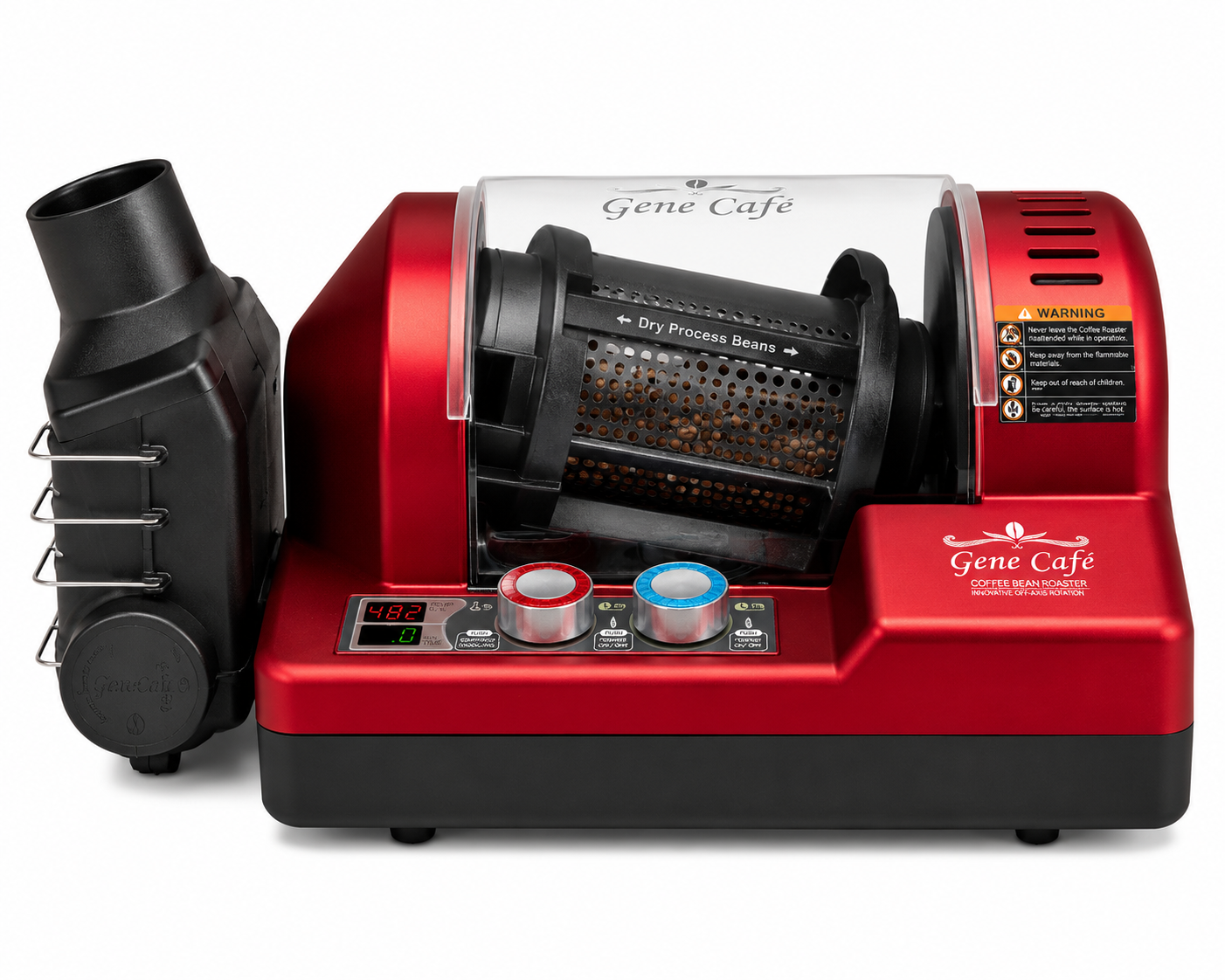 Coffee bean roaster in red with black roasting drum and dual color control knobs