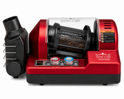 Coffee bean roaster in red with black roasting drum and dual color control knobs