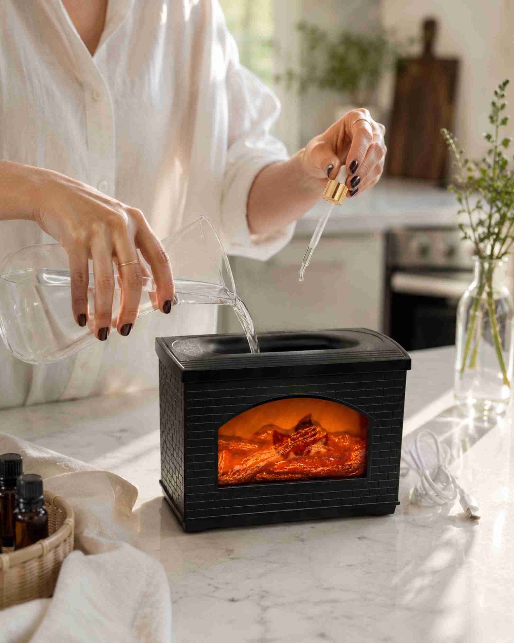 Black flame aroma diffuser on table, warm orange flame window, mist pouring from nozzle