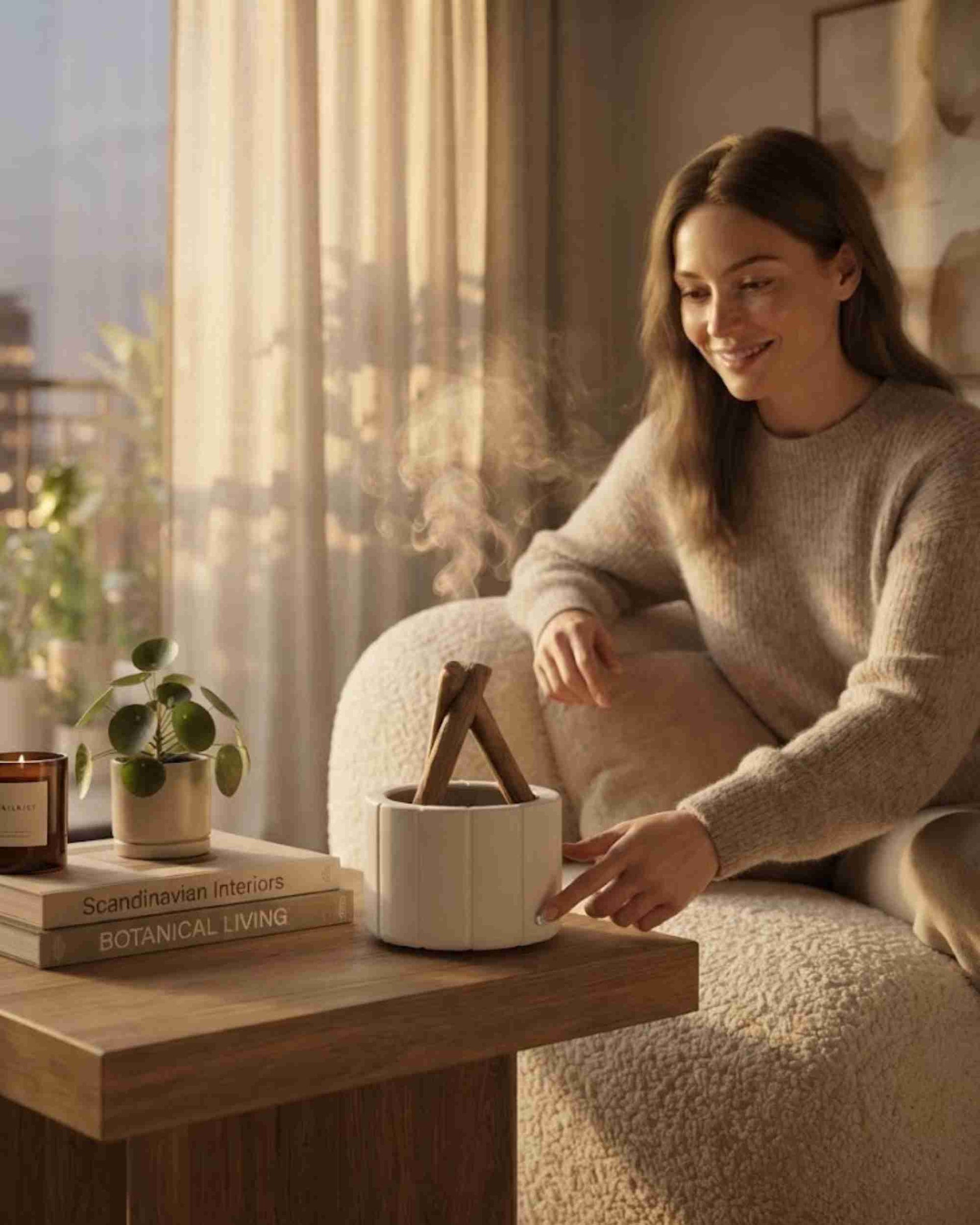 White log wood aroma diffuser on coffee table with stacked wood sticks