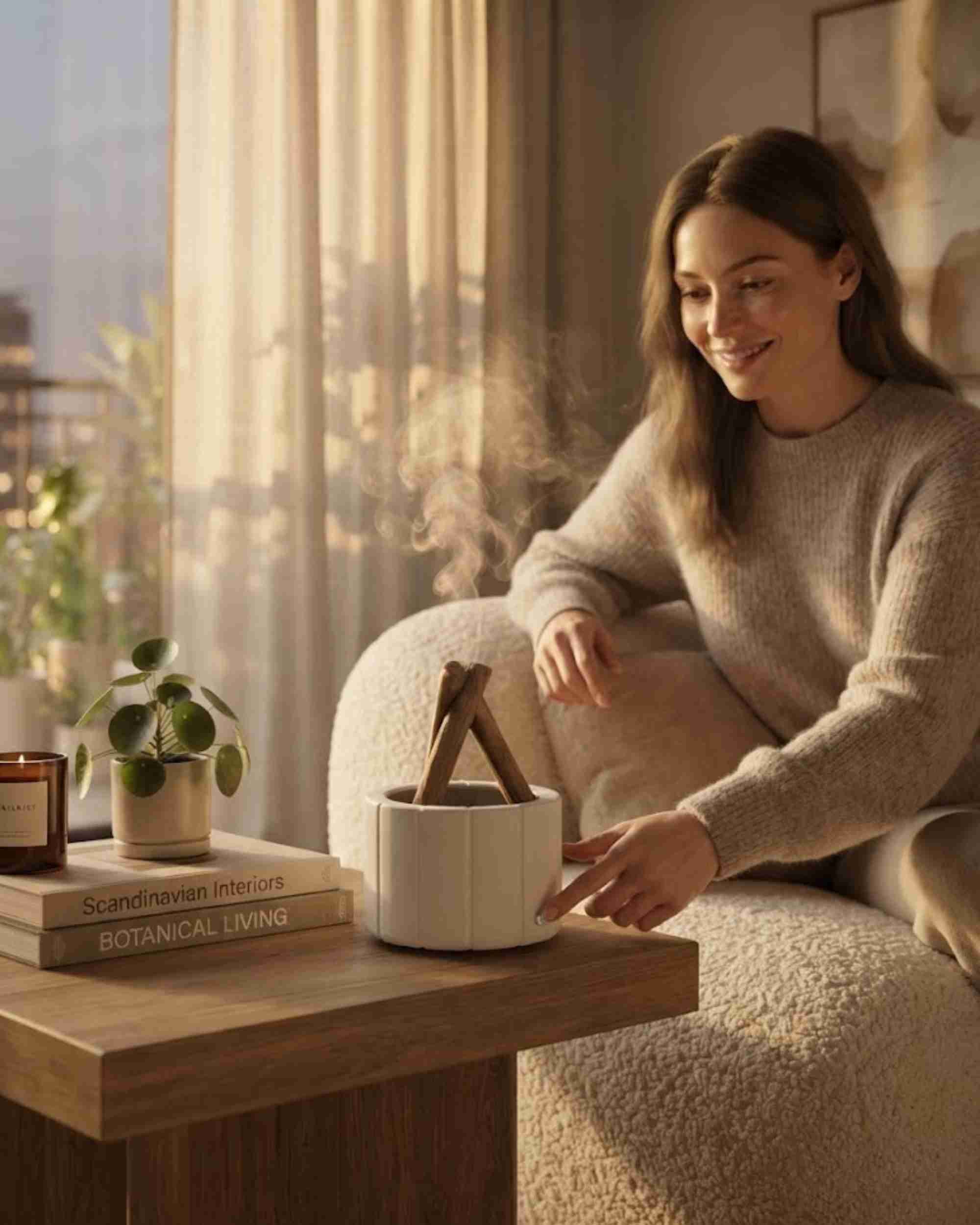 White log wood aroma diffuser on coffee table with stacked wood sticks