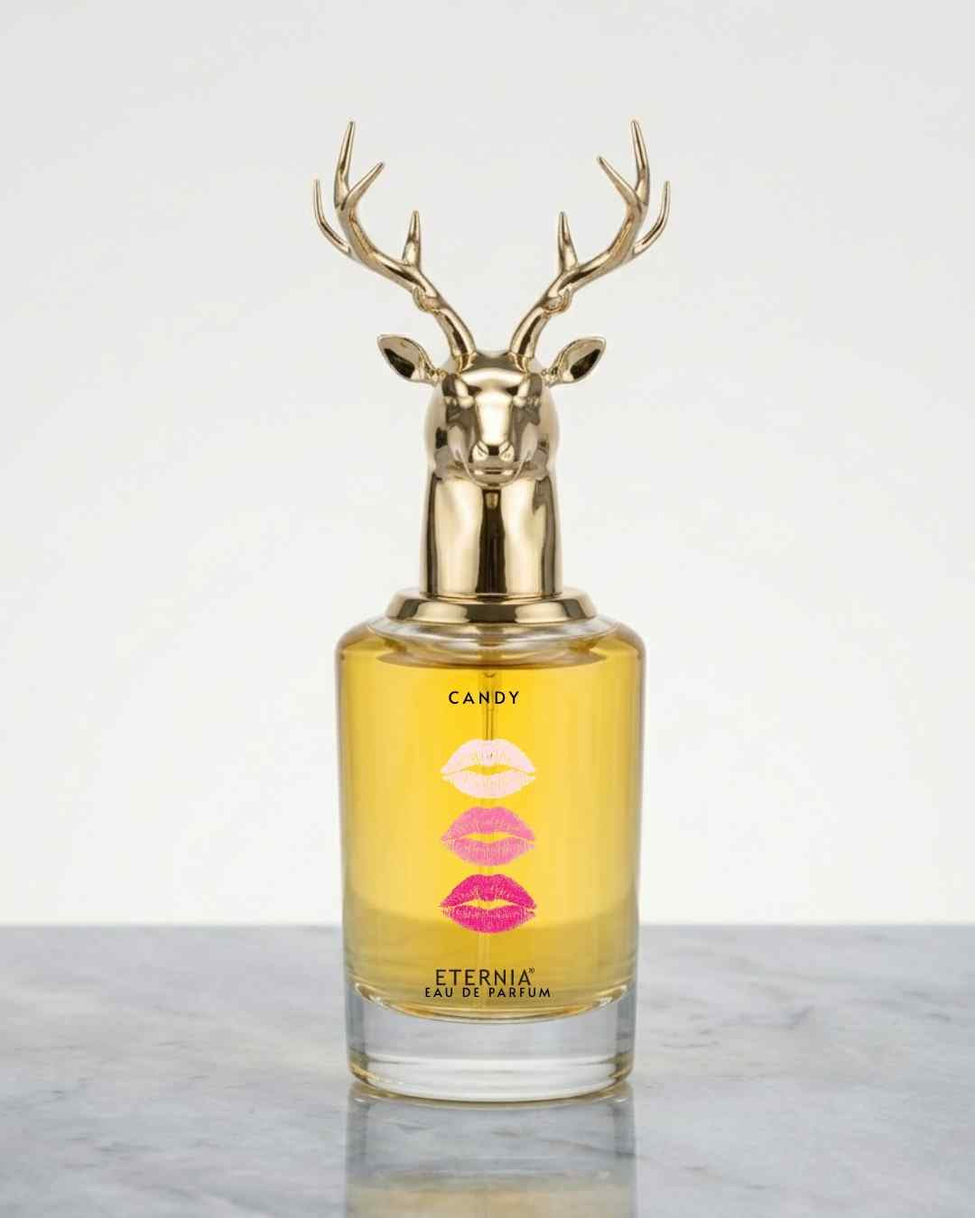 Eternia Candy Eau de Parfum bottle with deer-head gold cap and amber liquid