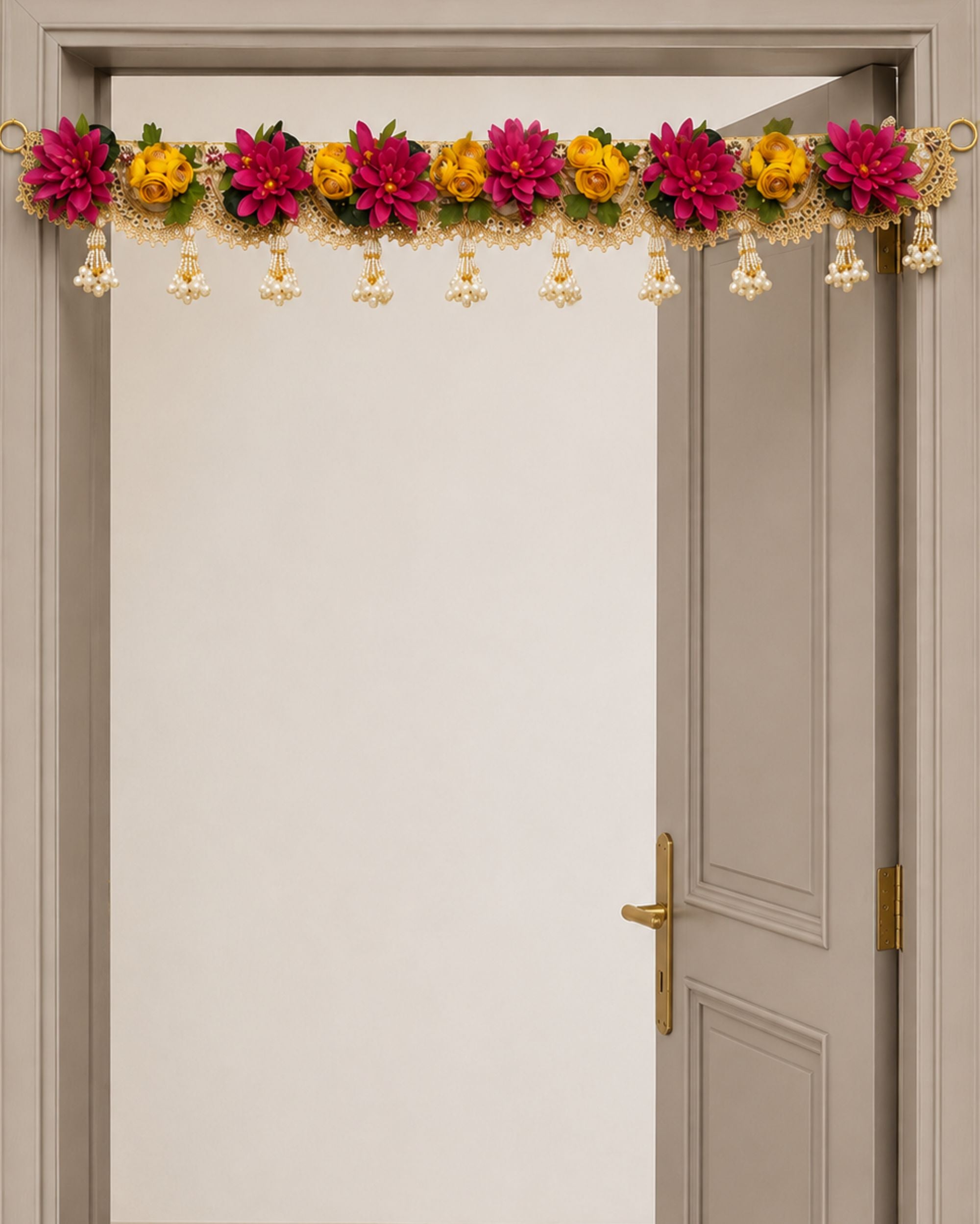 Floral decorative toran door hanging with colorful blossoms and hanging pearl ornament charms